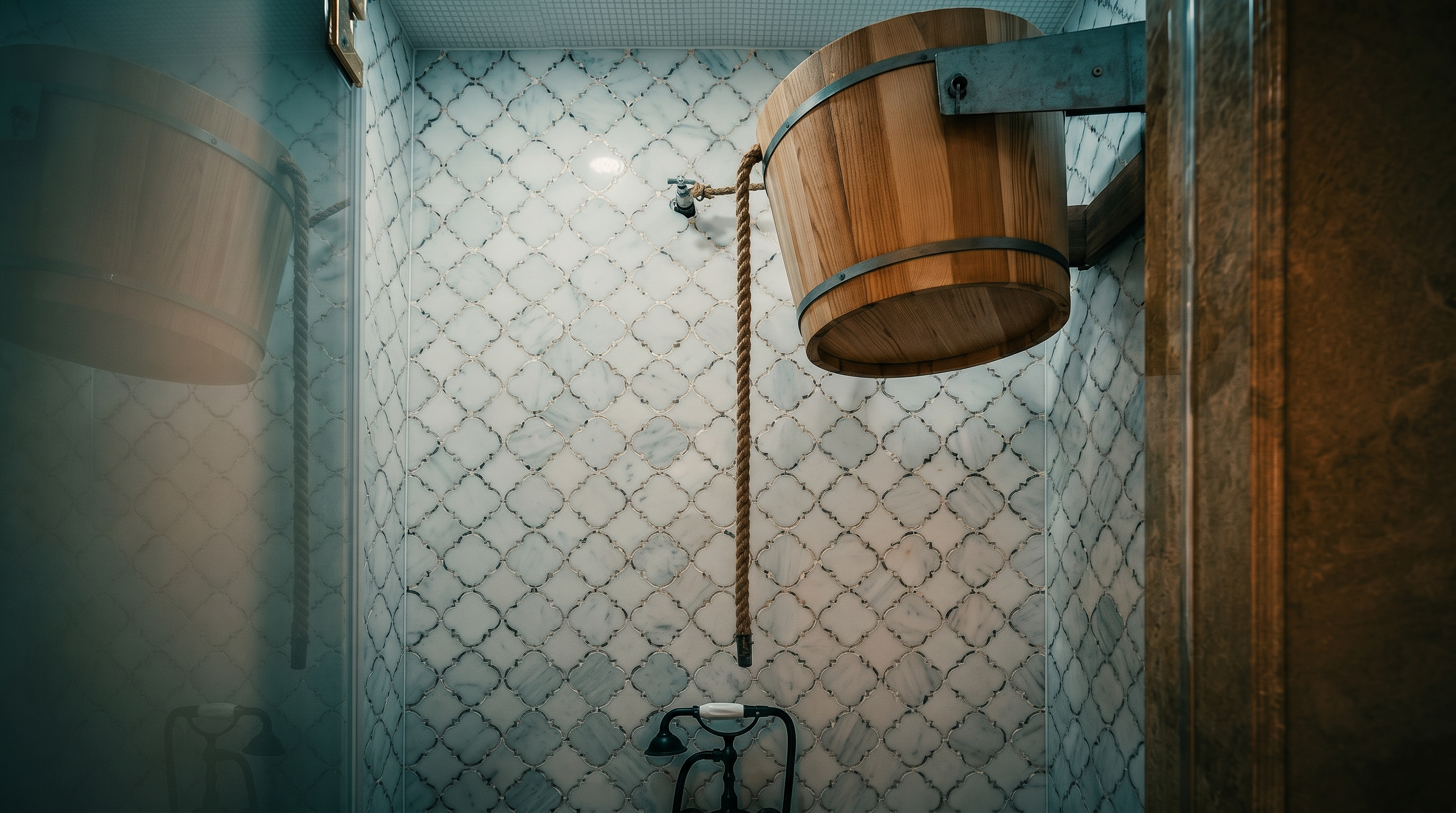 This unique shower stall features a rustic wooden dousing bucket mounted to the wall, complete with a pull rope for a spa-like experience. The walls are adorned with elegant, light-toned quatrefoil patterned tiles, complemented by a classic black vintage-style shower fixture. The perspective is a straight-on, eye-level shot that highlights the contrast between the traditional tile work and the sauna-inspired bucket feature.