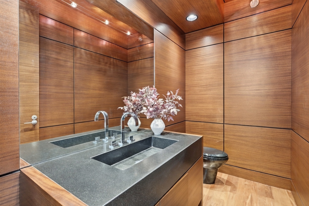 This modern powder room features extensive wood paneling on the walls and ceiling, creating a warm and cohesive aesthetic. A dark, textured stone vanity top houses a rectangular sink, complemented by a sleek faucet and a large, wall-to-wall mirror that enhances the sense of space. The room is finished with a dark toilet and light-toned wood flooring, offering a sophisticated and minimalist design.