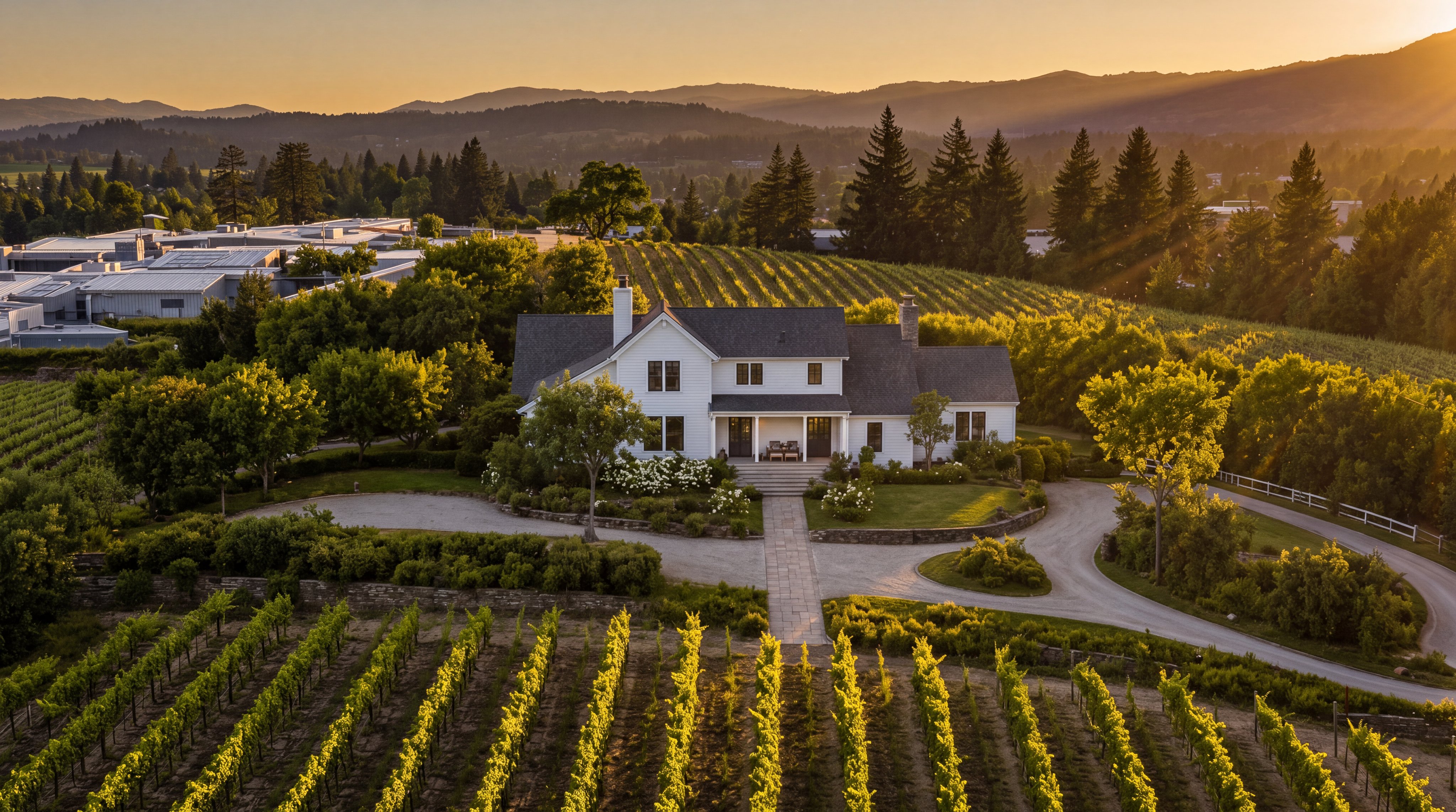 This stunning aerial view captures a classic white farmhouse-style residence surrounded by lush vineyards and rolling hills. The property features a manicured lawn, stone retaining walls, and a grand circular gravel driveway, creating a serene and sophisticated estate ambiance. The home's timeless architecture and picturesque rural setting offer an ideal blend of luxury and country charm.