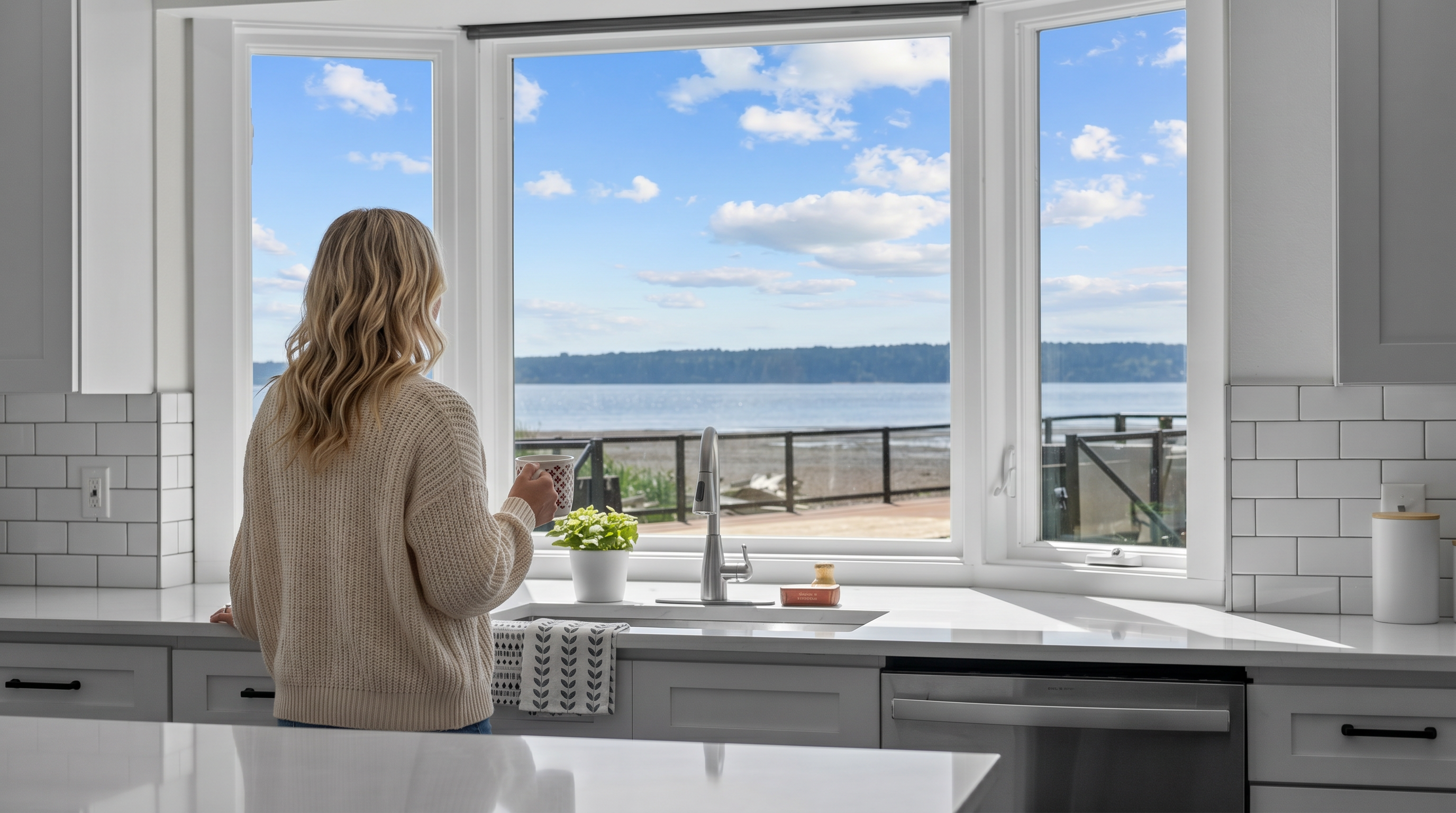This kitchen features a bright, clean aesthetic with white cabinetry and a white countertop that wraps around a large bay window. The window provides a panoramic view of the ocean and a deck, creating a serene and airy atmosphere. A stainless steel faucet and a small potted plant sit on the counter, emphasizing the functional yet scenic design of the space.