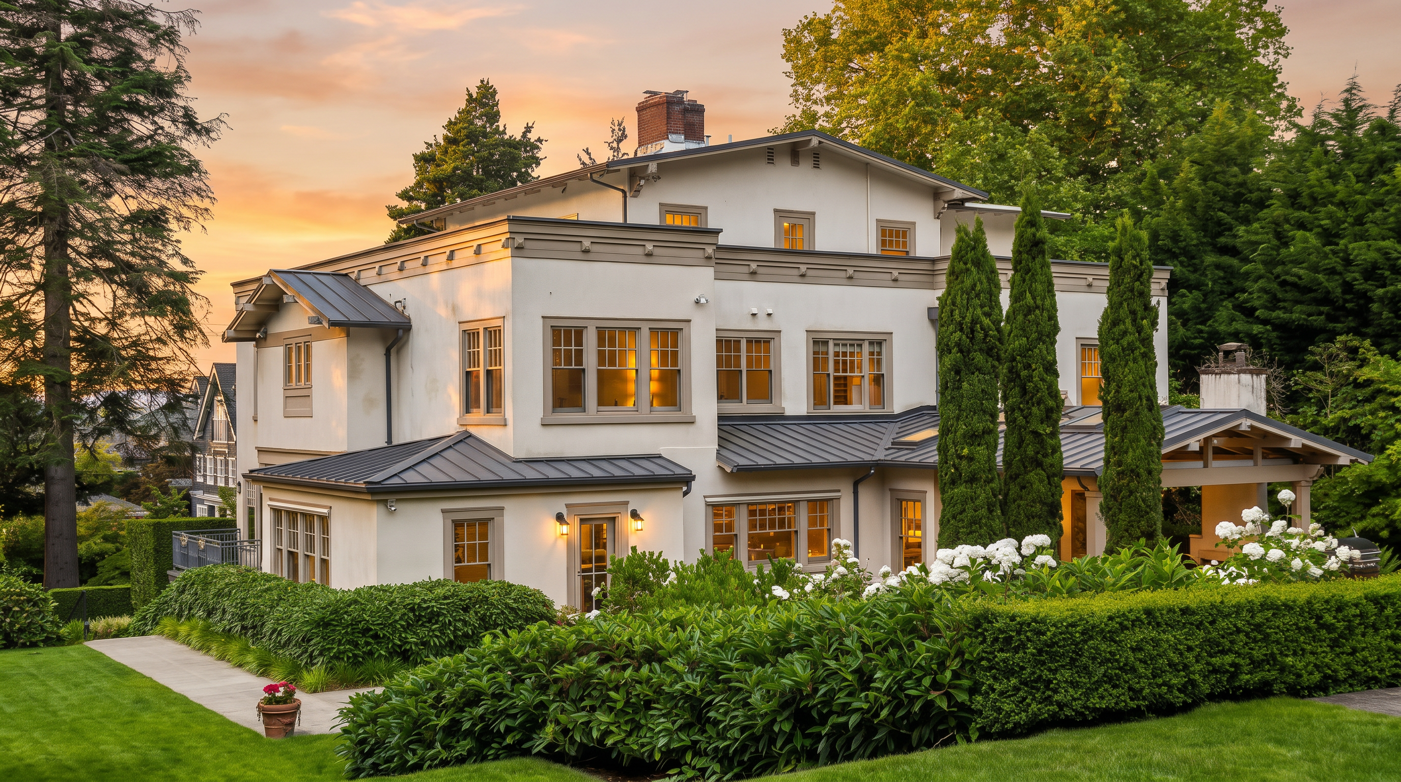 This elegant, multi-story residence features a classic architectural style with a light-colored stucco facade and dark metal roofing. The home is surrounded by meticulously manicured hedges and lush green lawns, with tall, slender cypress trees framing the structure. A paved walkway leads toward the side of the house, which includes a covered patio area and multiple windows that provide a balanced, symmetrical appearance.