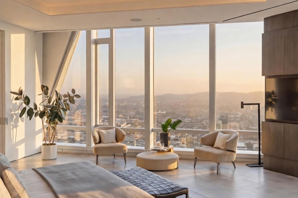 This sophisticated primary bedroom features expansive floor-to-ceiling windows that frame a panoramic city view at sunset. The room is furnished with two plush armchairs, a central ottoman, and a sleek leather bench at the foot of the bed, all set against light wood flooring arranged in a herringbone pattern. A large potted plant adds a touch of greenery, while the minimalist aesthetic and warm natural light create a serene and luxurious atmosphere.