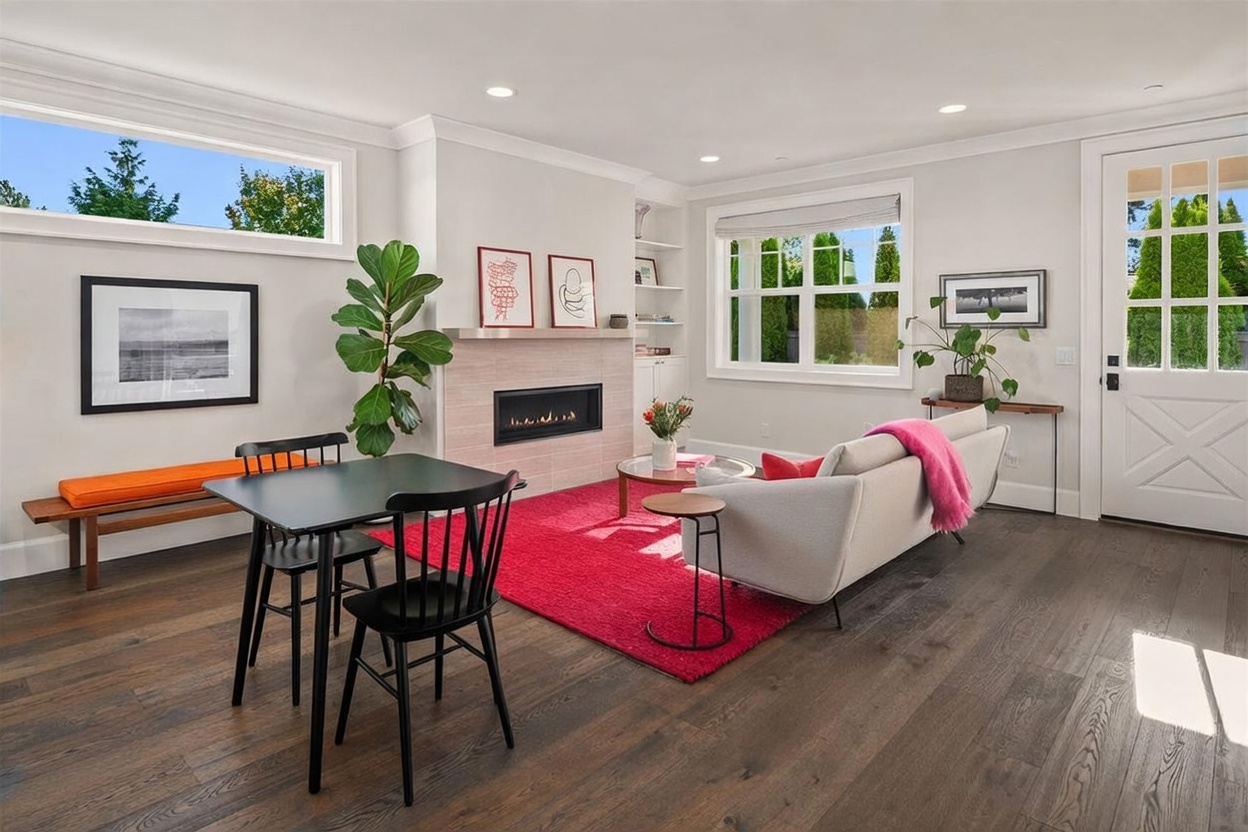 This bright and open living area features dark wood flooring and a neutral color palette accented by a vibrant red area rug. A modern fireplace with a linear insert serves as a focal point, flanked by built-in shelving and a dining set in the foreground. The space is filled with natural light from large windows and a glass-paneled door, creating an inviting and contemporary atmosphere.