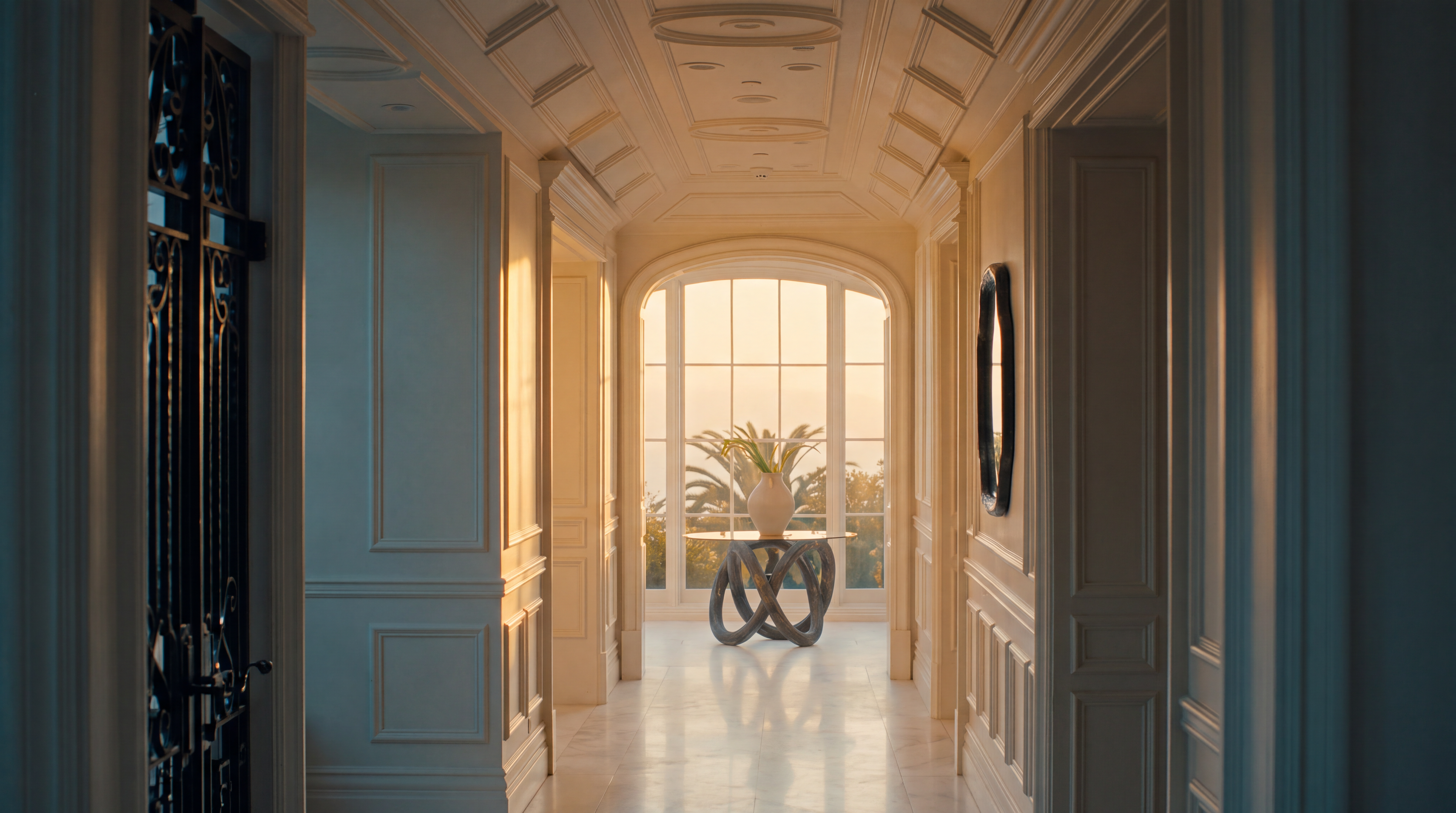 This elegant, bright hallway features a barrel-vaulted ceiling with recessed lighting and intricate crown molding. At the end of the corridor, a large arched window frames a sunset view, highlighting a decorative pedestal table with a vase. The space is finished in a crisp, monochromatic white palette, creating a sophisticated and airy atmosphere.