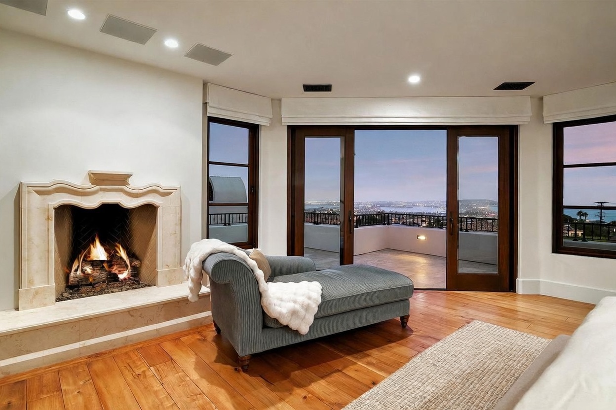 This elegant bedroom features a cozy seating area with a blue chaise lounge positioned near a stone fireplace and a set of glass doors that open to a balcony. The room is anchored by warm-toned wood flooring and offers expansive, panoramic views of the city lights and coastline beyond. The space is illuminated by recessed lighting and natural light, creating a serene and sophisticated atmosphere.