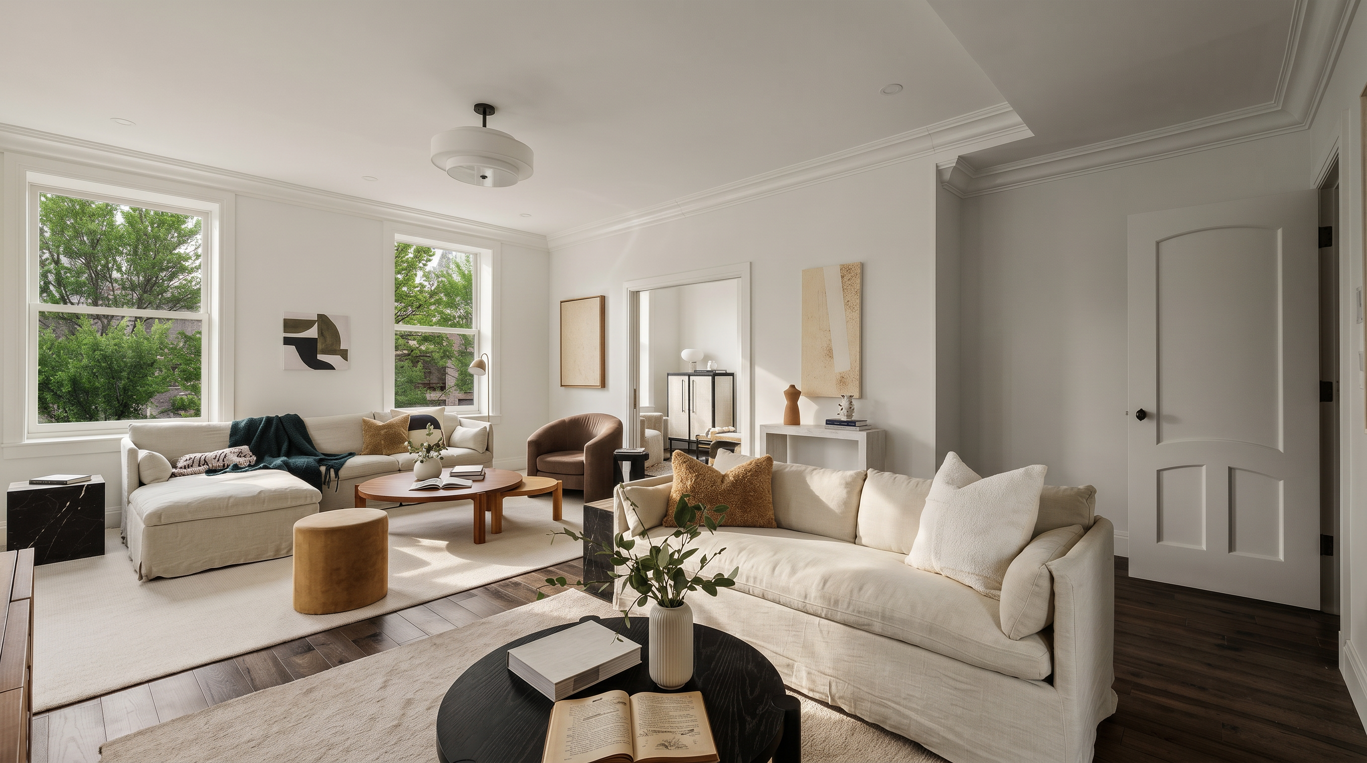 This bright and airy living room features a sophisticated, neutral color palette with two plush, cream-colored sofas arranged to create a welcoming conversation area. The space is anchored by dark hardwood floors and two round coffee tables, complemented by elegant decor, soft area rugs, and natural light streaming through large windows. The open-concept layout flows seamlessly into an adjacent room, creating a spacious and inviting atmosphere perfect for modern living.