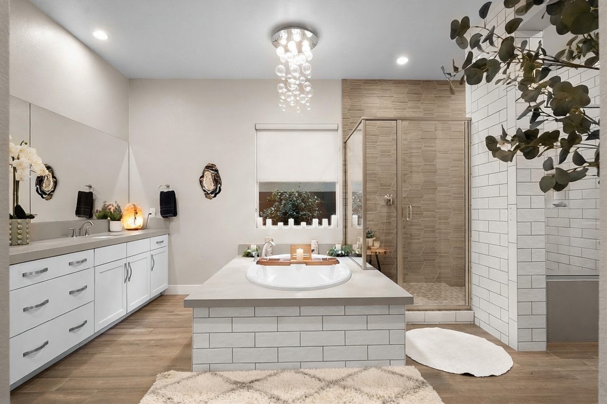 This spacious primary bathroom features a central soaking tub set within a tiled platform, flanked by a double vanity with white cabinetry and a large mirror. To the right, a glass-enclosed shower showcases textured tile walls, while a modern chandelier hangs above the tub area. The room is finished with light wood-toned flooring and neutral walls, creating a bright and serene atmosphere.
