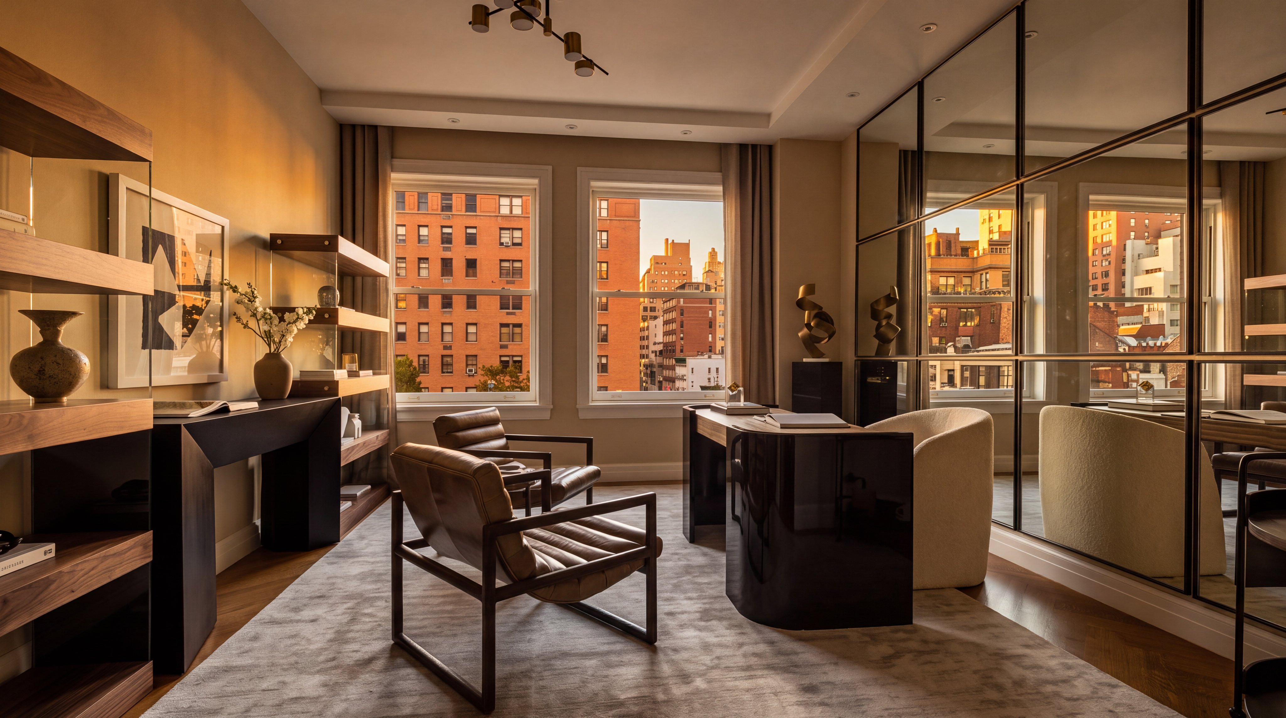 This sophisticated home office features a sleek, dark-finished desk paired with a cream-colored chair, complemented by two leather armchairs facing the windows. A large, grid-patterned mirrored wall reflects the room, enhancing the sense of space and light provided by the two windows overlooking the city. The room is anchored by a large, neutral-toned area rug over hardwood floors, with a modern, multi-armed brass chandelier serving as a focal point above.