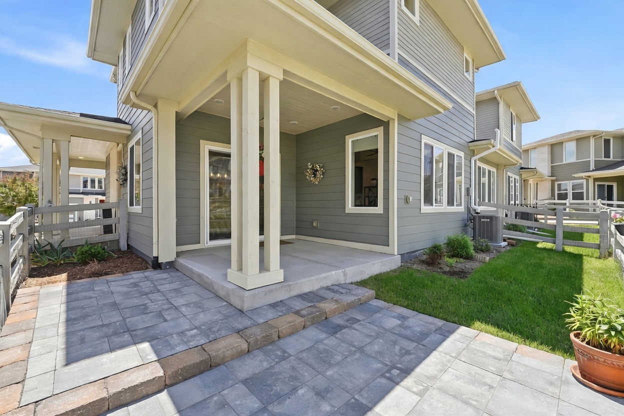 This image showcases a covered patio area featuring gray horizontal siding and a concrete floor, transitioning into a paved stone patio. The space includes a sturdy column supporting the roof overhang, a wreath on the wall, and a small patch of green lawn adjacent to a white wooden fence. The perspective is a ground-level shot looking toward the house, highlighting the outdoor living space and its connection to the yard.
