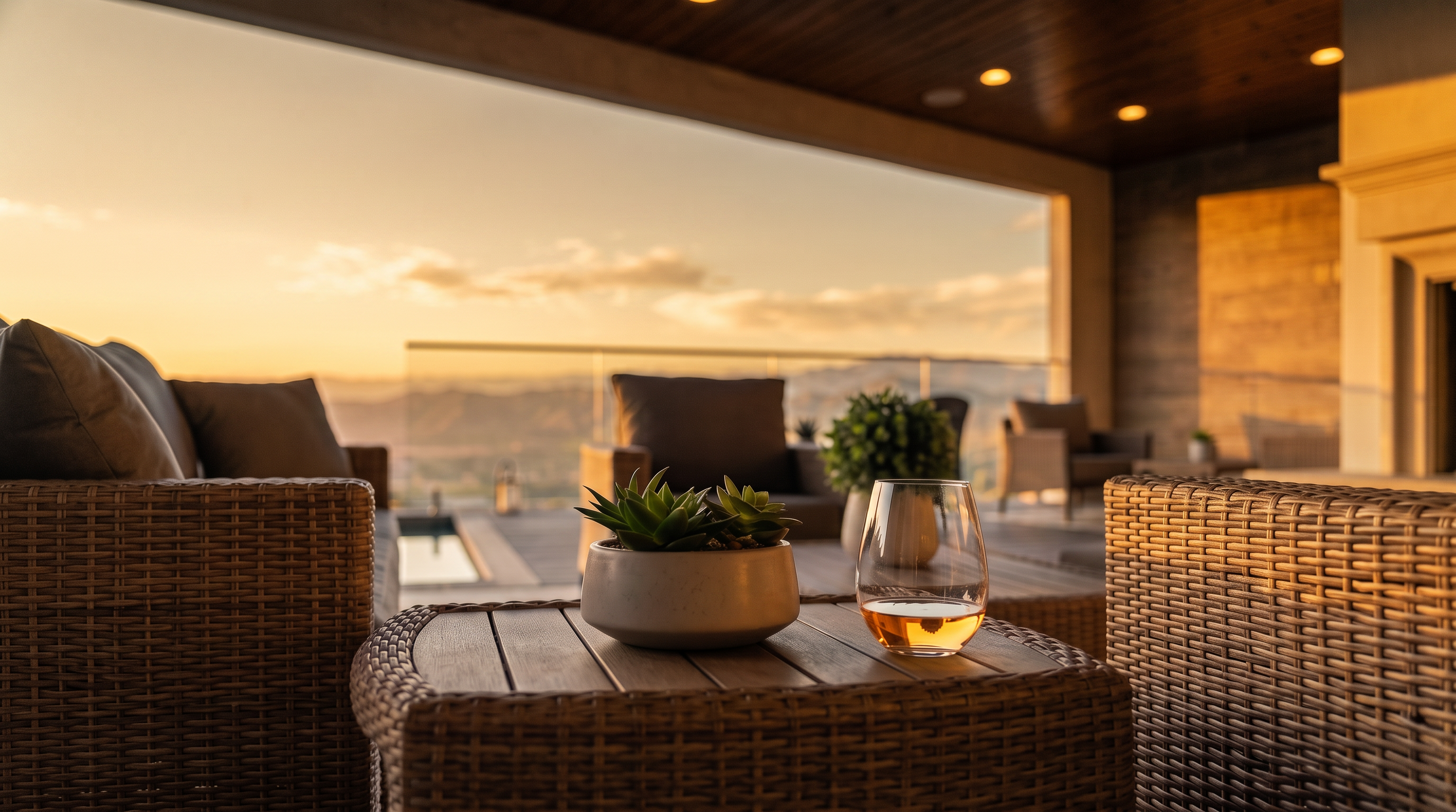 This luxurious covered balcony offers a sophisticated outdoor living space with comfortable wicker furniture and a serene view of the surrounding landscape. The area features a modern, clean aesthetic, highlighted by a contemporary side table adorned with a succulent plant and a glass of wine. It serves as an inviting retreat for relaxation, perfectly blending interior comfort with an expansive open-air atmosphere.