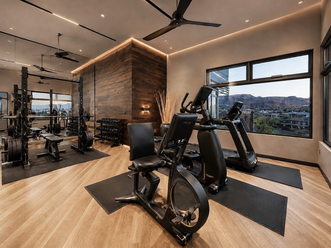 This modern home gym features a spacious layout with light wood flooring and a prominent accent wall clad in horizontal wood planks. The room is equipped with a professional-grade squat rack, a recumbent exercise bike, and a treadmill, all positioned to take advantage of the expansive views through large windows. A mirrored wall on the left side enhances the sense of space, while recessed lighting and a ceiling fan provide a comfortable environment for workouts.