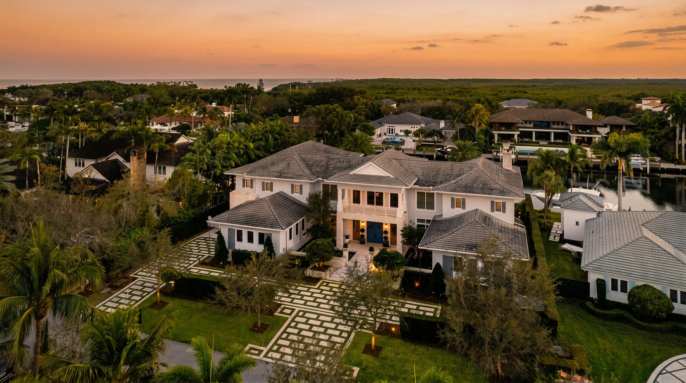 This high-angle aerial view captures a sprawling, multi-story luxury estate situated along a tranquil waterway. The property features a symmetrical architectural design with a light-colored facade, a complex tiled roof, and a distinctive geometric paver driveway leading to a grand entrance. Lush landscaping, mature palm trees, and a serene waterfront setting complete the sophisticated and expansive atmosphere of this coastal residence.