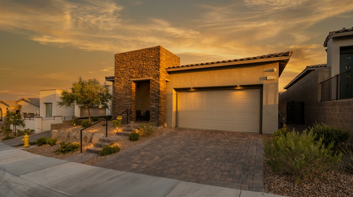 This modern single-story residence features a striking facade with a prominent stone-clad entryway and a neutral-toned stucco exterior. A paved driveway leads to a spacious two-car garage, while a landscaped path with stone steps and low-voltage lighting provides an inviting approach to the front door. The scene is captured at dusk, with a vibrant, colorful sunset sky casting a warm glow over the contemporary suburban architecture.