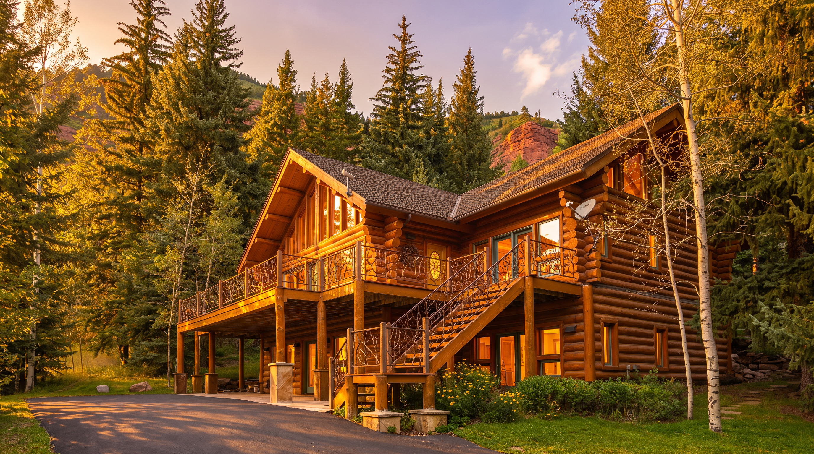 This rustic log cabin home is nestled against a lush, forested hillside, showcasing traditional timber construction and a wrap-around wooden deck with decorative metal railings. A paved driveway leads up to the structure, which features multiple levels, large windows, and a prominent staircase providing access to the main living area. The surrounding landscape includes mature pine trees and a vibrant patch of yellow wildflowers, creating a serene and secluded mountain retreat atmosphere.