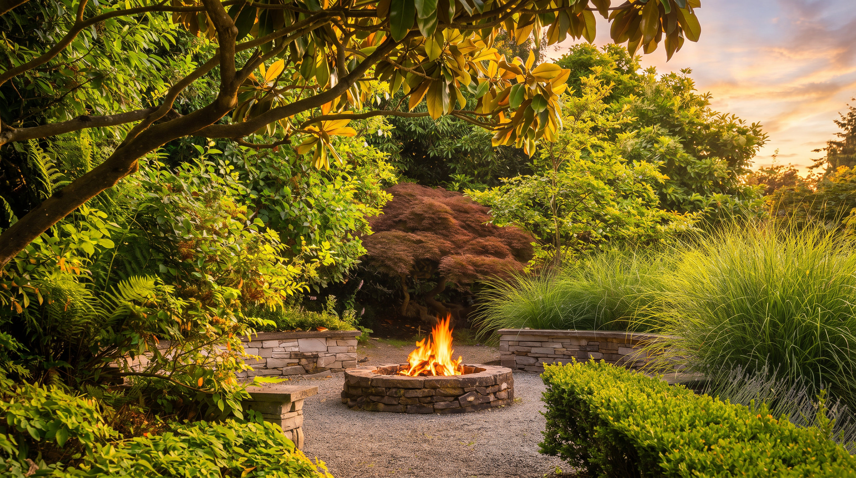 This serene garden setting features a circular stone fire pit as the central focal point, surrounded by gravel pathways and lush, mature landscaping. A striking Japanese maple with deep red foliage stands prominently behind the fire pit, framed by vibrant green shrubs, tall ornamental grasses, and a canopy of leafy trees. The scene is captured from a ground-level perspective, emphasizing the tranquil and private atmosphere of this outdoor retreat.