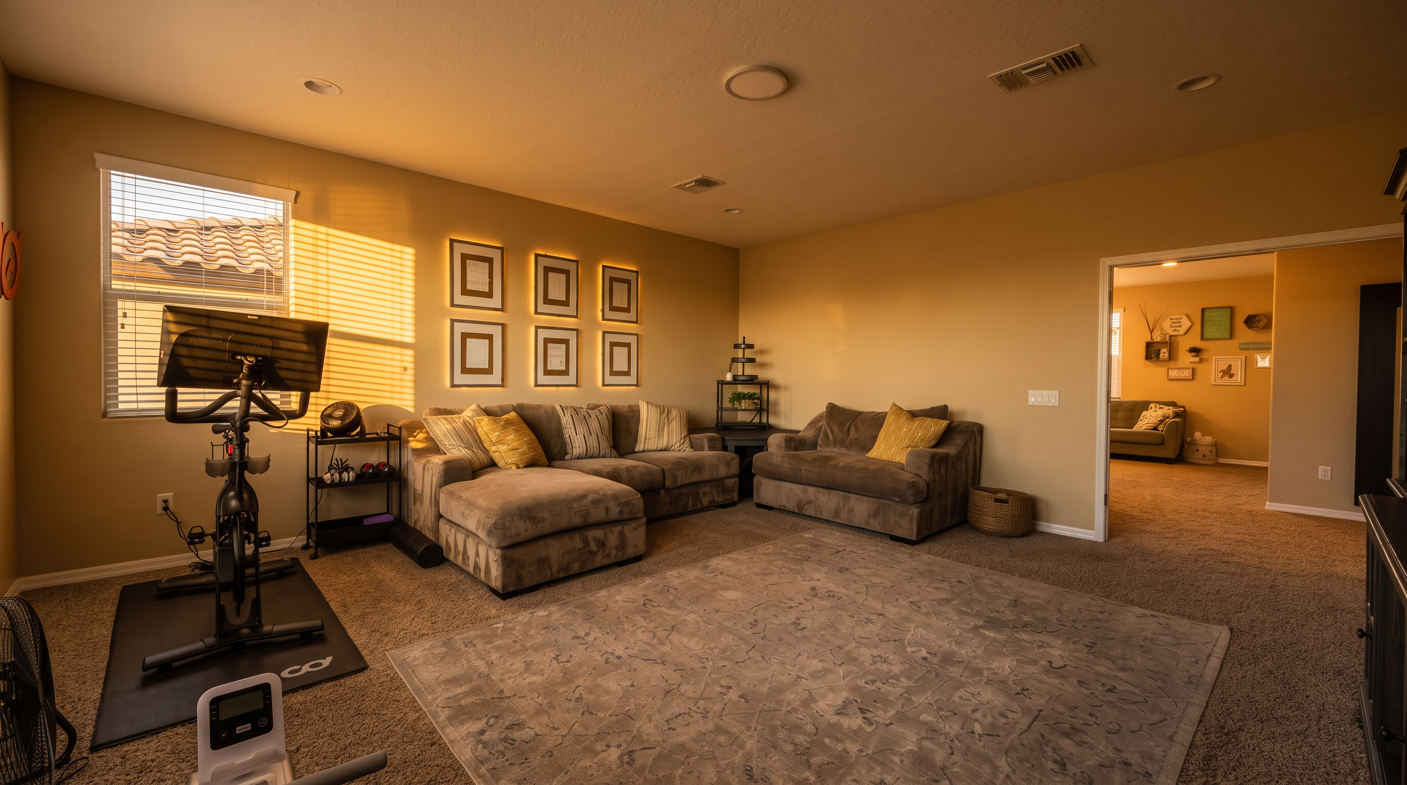 This versatile living space functions as a home gym, featuring a stationary bike and a rowing machine positioned on a rubber mat. The room is furnished with a large, plush sectional sofa and a matching loveseat, creating a comfortable lounge area atop a neutral-toned area rug. The neutral wall color and open floor plan provide a bright, inviting atmosphere, with a clear view into an adjacent room through a wide doorway.