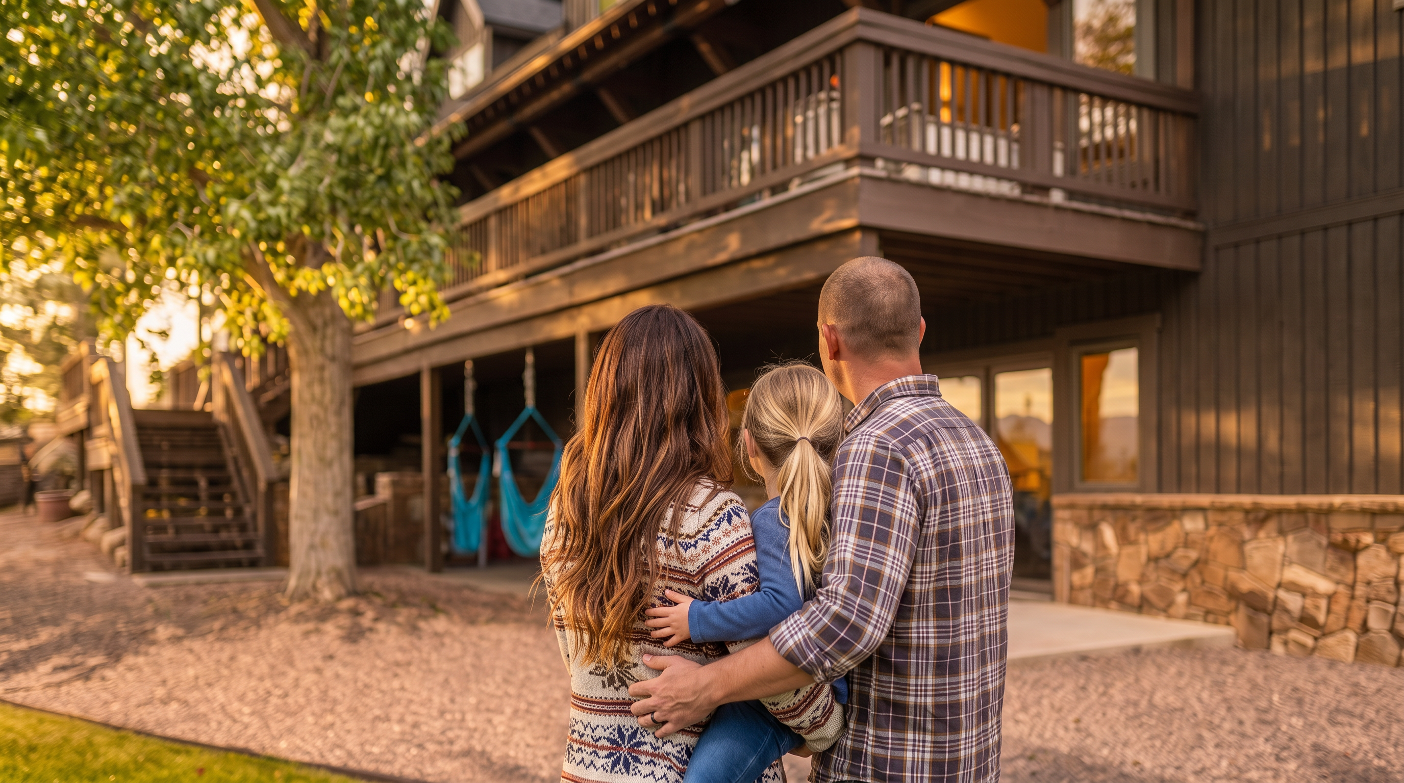 This rear view of a rustic, multi-story home showcases dark vertical siding paired with a natural stone foundation, exuding a mountain-cabin aesthetic. The property features a spacious elevated wood deck with railing and a covered patio area below, furnished with hanging swings, creating an inviting outdoor living space. The home is framed by lush green trees and set against a clear blue sky, highlighting a well-maintained gravel yard and a gentle, natural landscape.