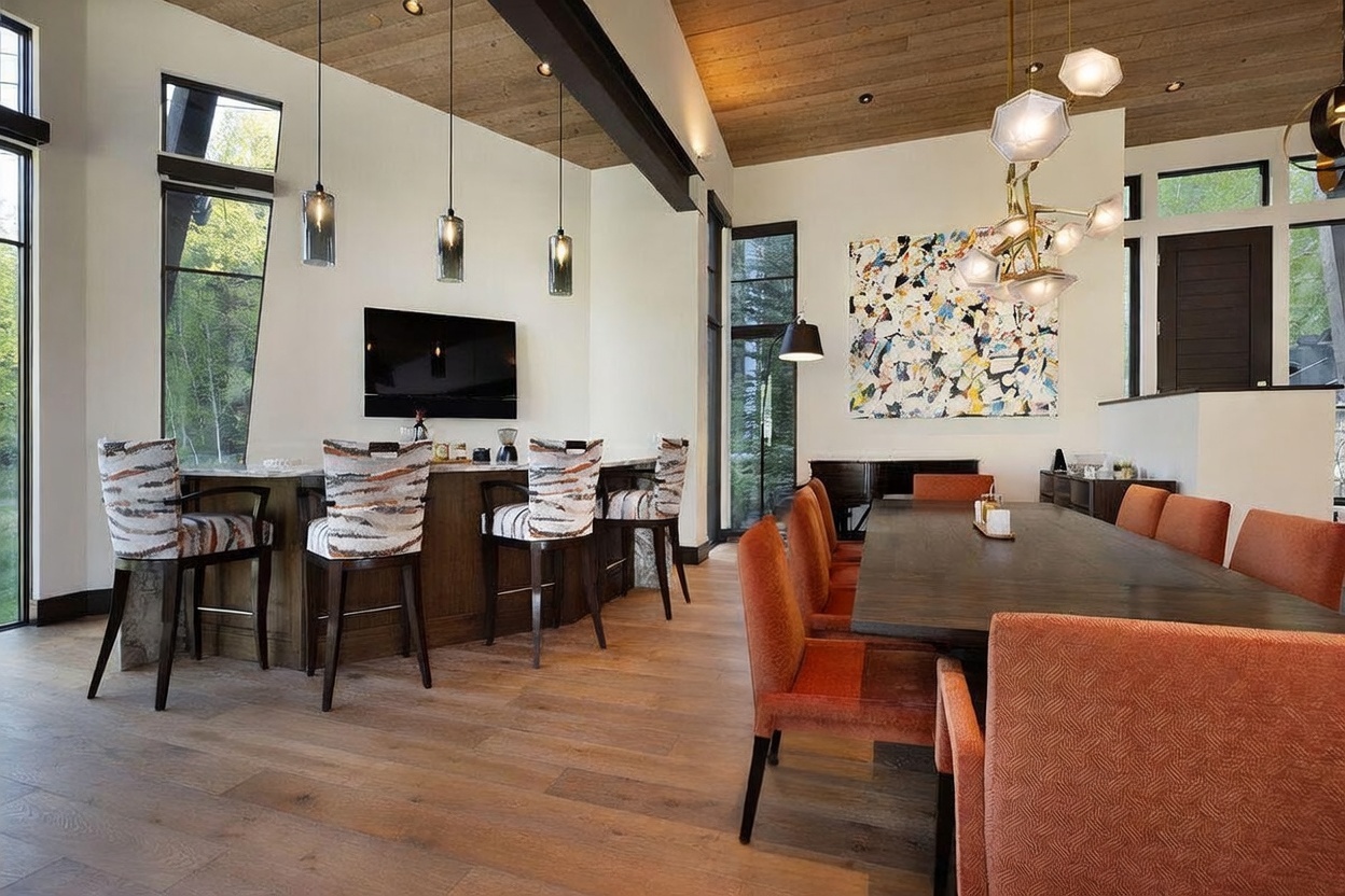 This open-concept dining and bar area features a large, dark wood dining table surrounded by orange upholstered chairs, complemented by a nearby bar counter with patterned stools. The space is defined by a high, wood-paneled ceiling, a striking modern chandelier, and large windows that provide abundant natural light and views of the surrounding trees. A vibrant, abstract piece of art serves as a focal point on the wall, enhancing the sophisticated and contemporary aesthetic of the room.