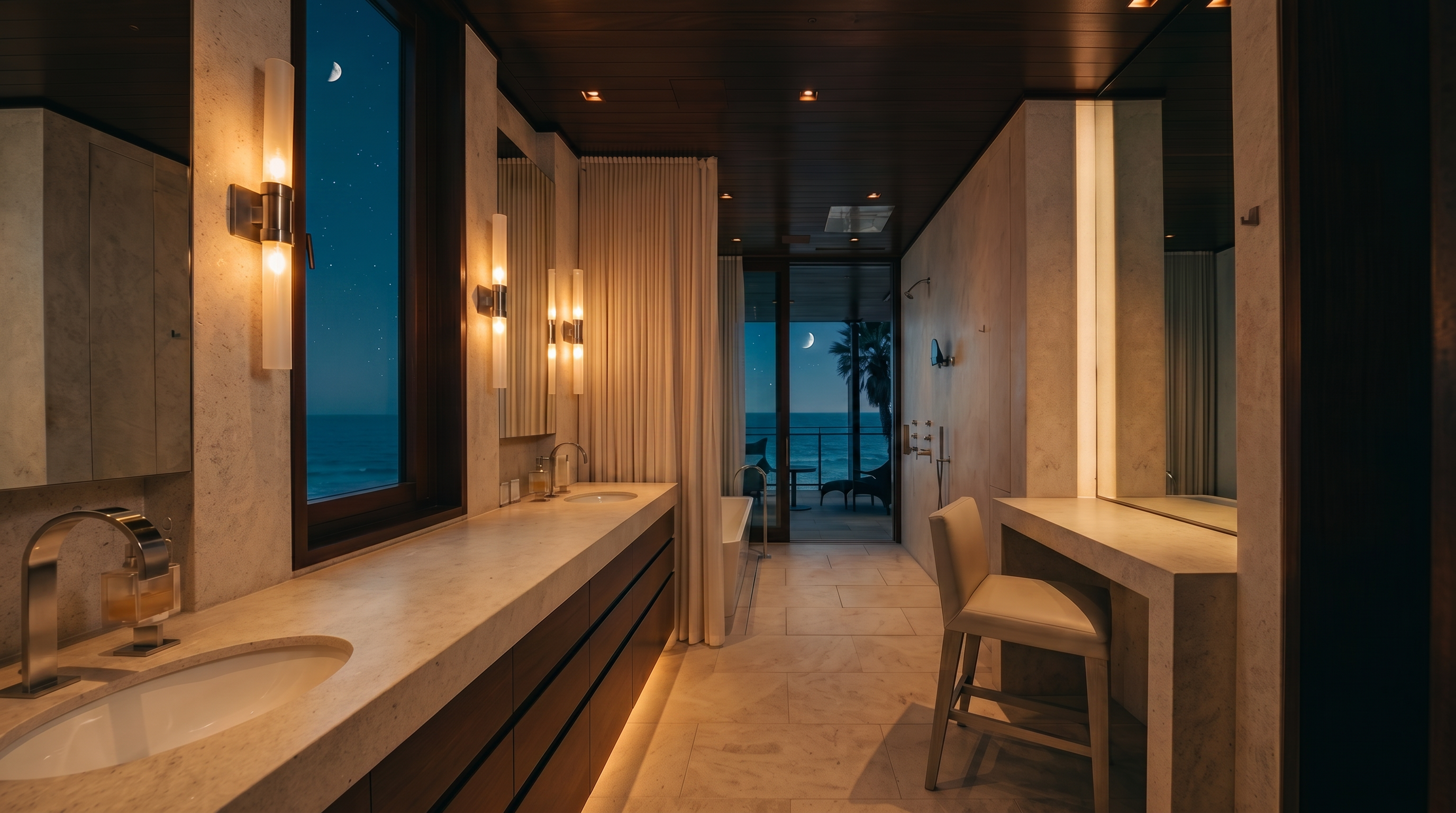 This luxurious primary bathroom features a long, dual-sink vanity with dark wood cabinetry and a light-toned stone countertop. The space is characterized by a warm, wood-paneled ceiling and light stone flooring, leading toward a glass door that opens to an ocean-view balcony. A dedicated vanity seating area is positioned along the right wall, creating a sophisticated and serene atmosphere.