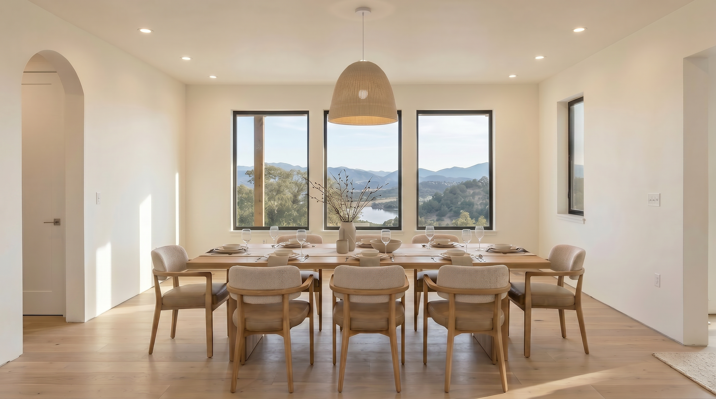 This elegant dining room features a long wooden table surrounded by eight upholstered chairs, set against a backdrop of three large windows offering panoramic views of the scenic landscape and lake. The minimalist, neutral design aesthetic is anchored by a large textured pendant light and warm natural hardwood flooring, creating an airy and sophisticated atmosphere. To the left, an arched opening reveals a glimpse of a modern, well-lit kitchen, highlighting the home's seamless flow and open-concept layout.