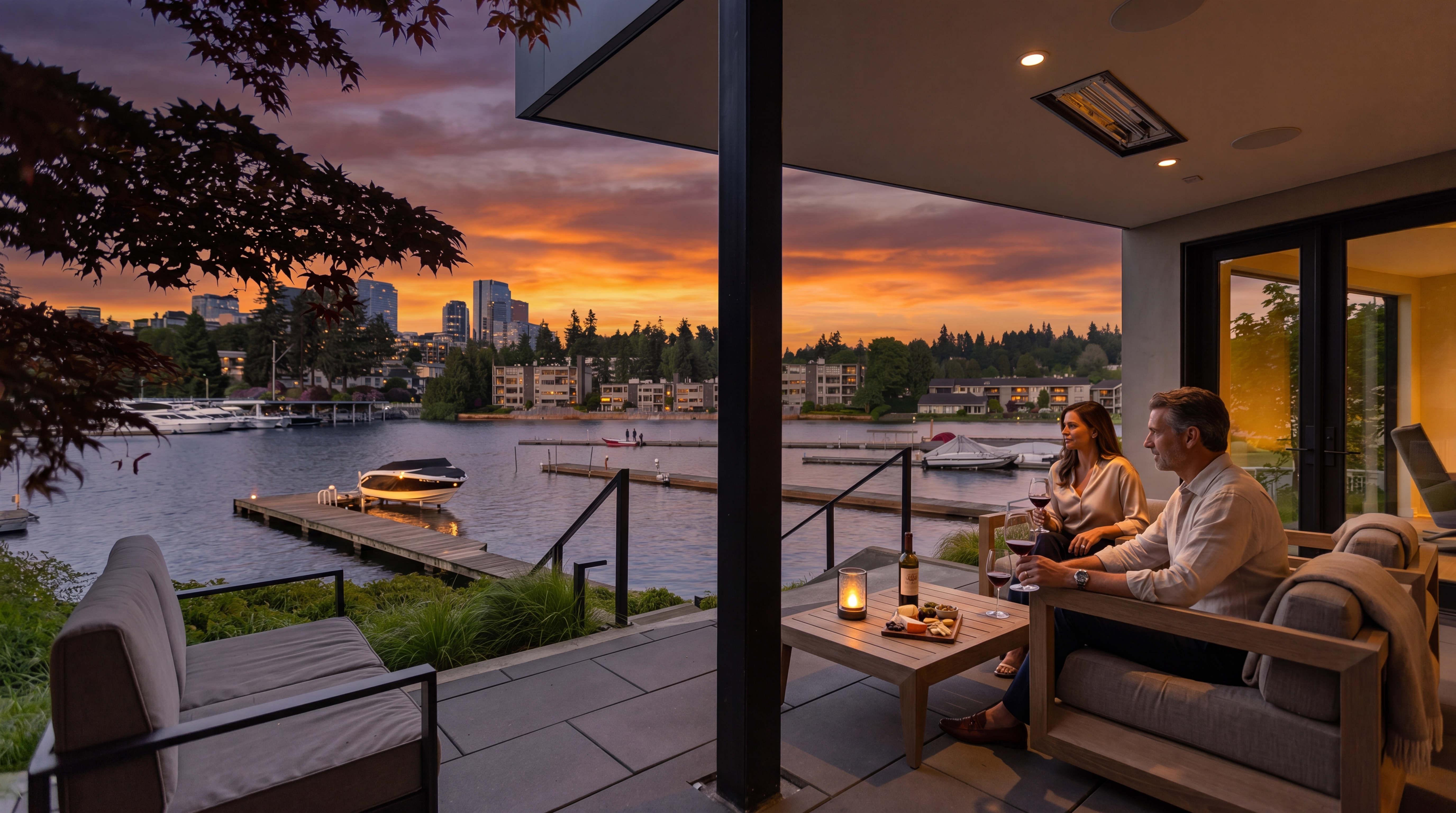 This covered patio offers a serene, elevated view of a calm lake and a distant city skyline. The space is furnished with modern, light-toned wood-framed lounge chairs and features large glass doors that provide seamless indoor-outdoor flow. A metal railing lines the stairs leading down toward the private boat docks, creating a sophisticated and tranquil waterfront setting.