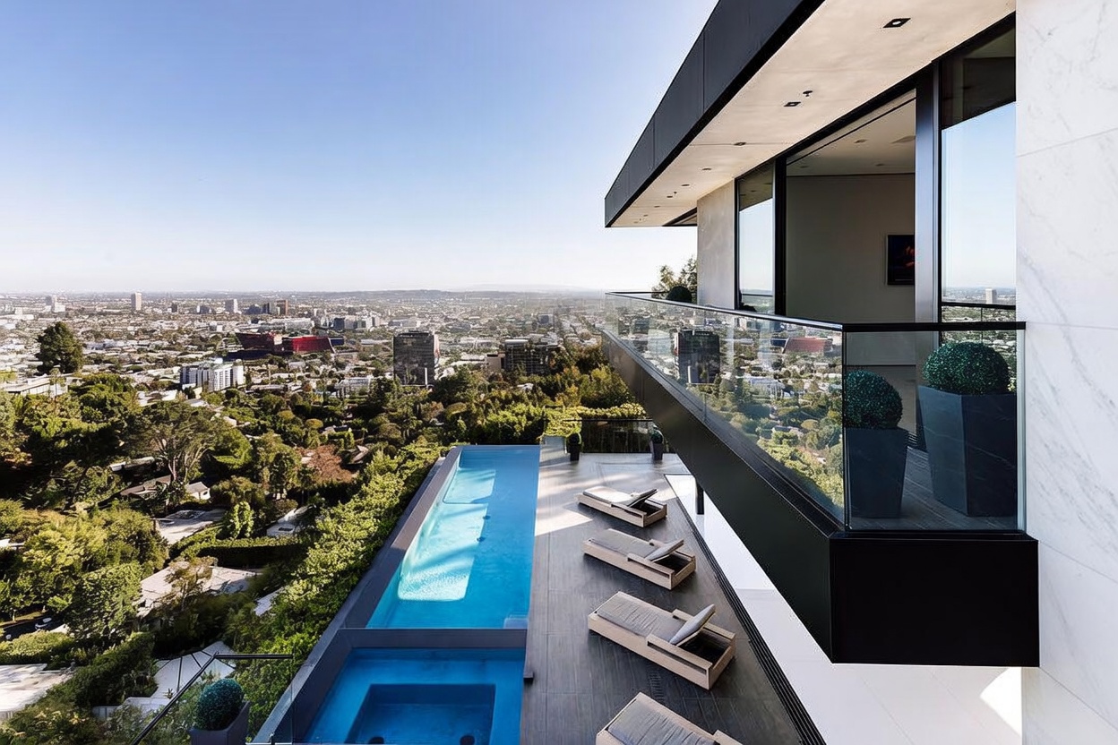 This stunning modern luxury home features an infinity-edge pool and spa overlooking a sprawling cityscape. The sleek, contemporary deck is furnished with minimalist lounge chairs, creating a sophisticated outdoor living space that seamlessly blends with the panoramic views. The architectural design emphasizes clean lines, glass railings, and a high-end aesthetic perfect for upscale entertaining.