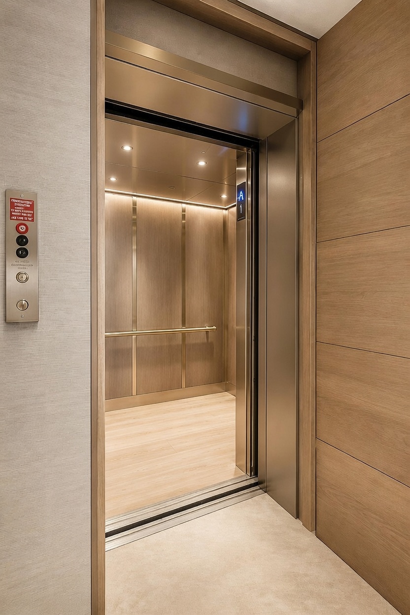 This image showcases a modern, minimalist elevator interior framed by light wood paneling and a neutral-toned wall. The elevator features a sleek metal handrail, recessed ceiling lighting, and a clean, contemporary aesthetic. The perspective is a direct, eye-level view looking into the elevator car from the adjacent hallway.