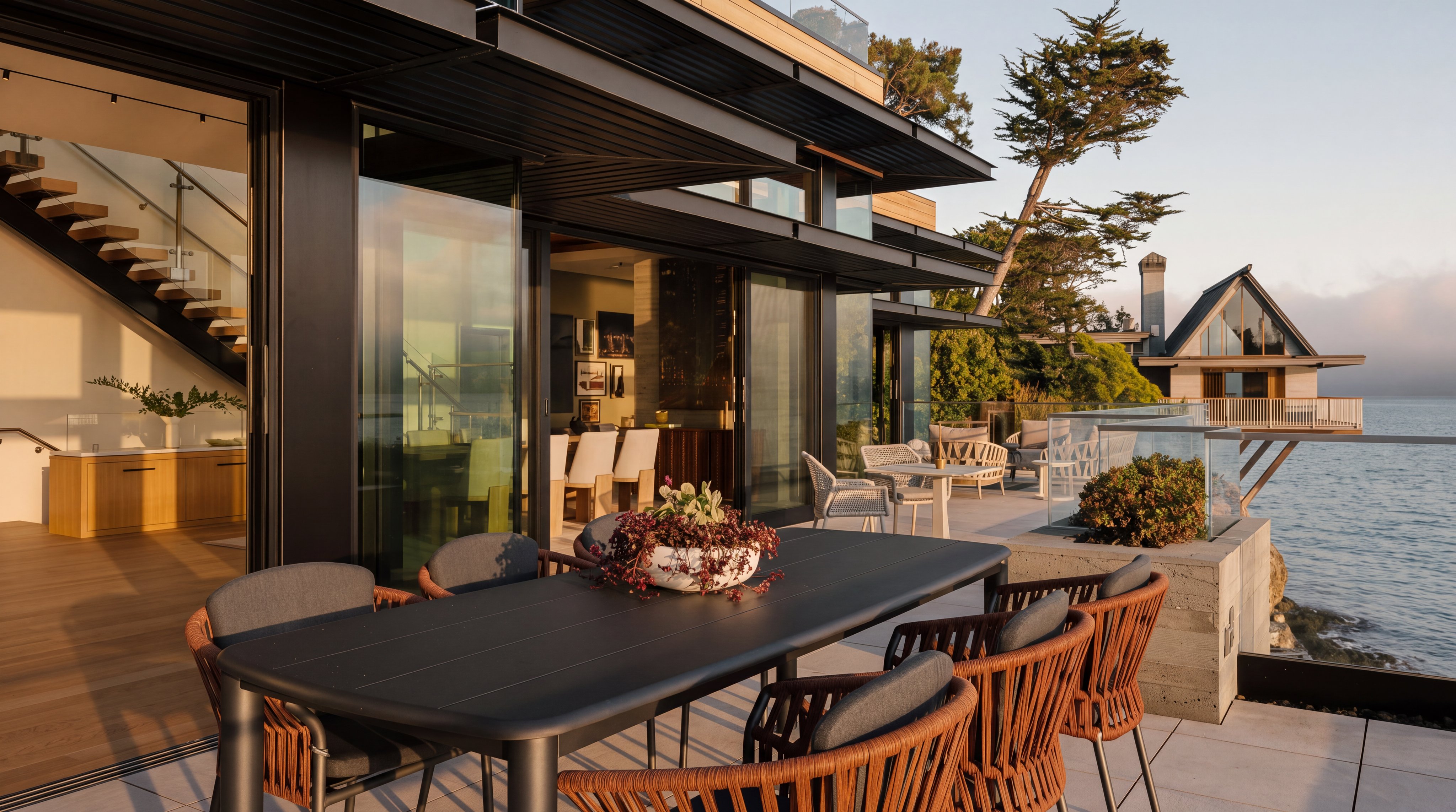 This modern waterfront deck features a sleek outdoor dining set with woven chairs and a dark table, perfect for al fresco entertaining. The space seamlessly connects to the interior through large sliding glass doors, showcasing a contemporary architectural design with clean lines and a neutral color palette. A glass railing provides an unobstructed view of the serene water and the distant shoreline, creating a luxurious and tranquil atmosphere.