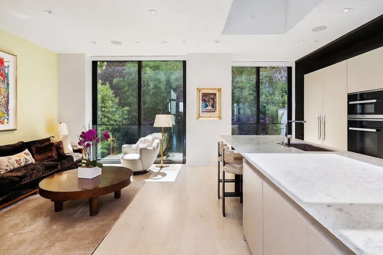 This open-concept living and kitchen area features a seamless blend of modern design and natural light. The space includes a dark velvet sofa, a large oval coffee table, and a sleek kitchen island with stone countertops, all set against a backdrop of floor-to-ceiling windows that look out onto lush greenery. The neutral color palette and light wood flooring create an airy, sophisticated atmosphere perfect for contemporary living.