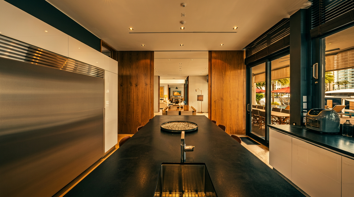 This modern kitchen features a long, dark-toned central island with an integrated sink, contrasting against sleek white cabinetry and a large stainless steel refrigerator. The space is defined by warm wood-paneled walls that lead the eye toward an open-concept dining area in the background. Large sliding glass doors on the right provide a seamless transition to an outdoor patio, filling the room with natural light.