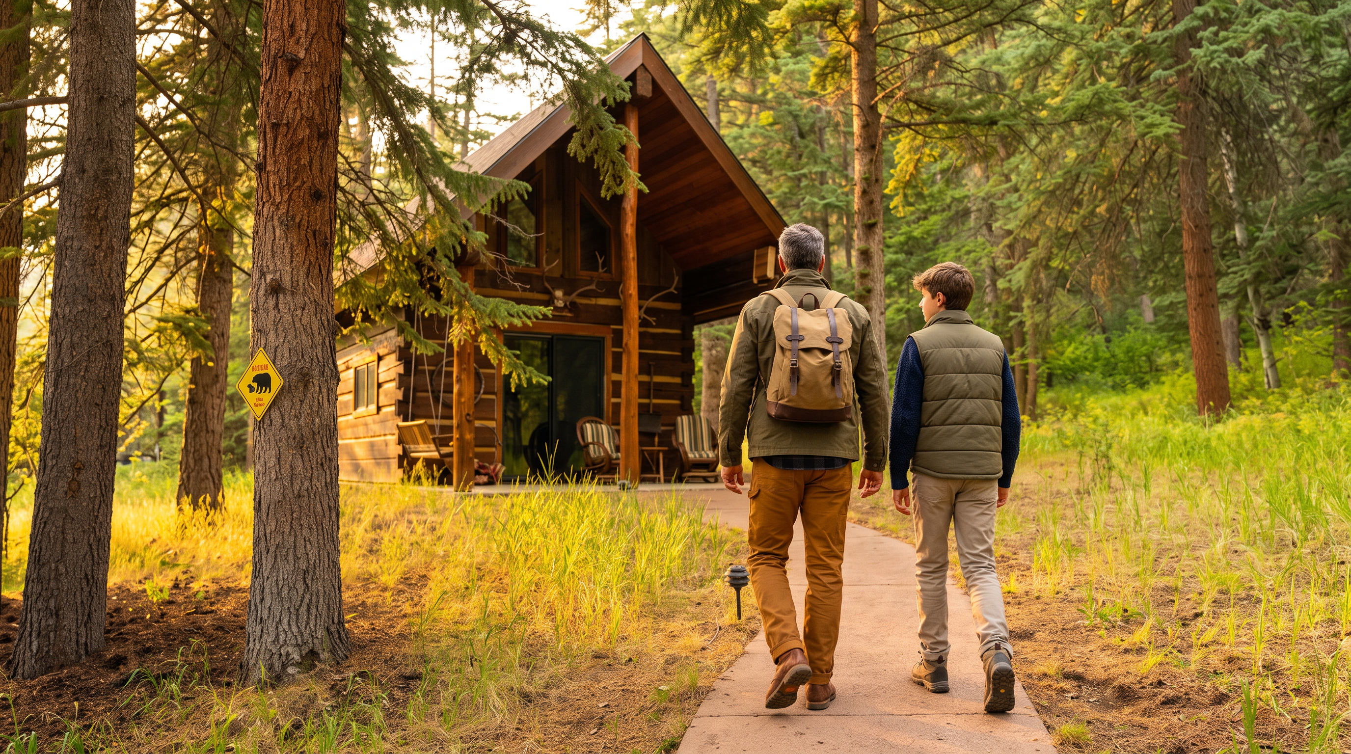 A charming log cabin nestled within a dense forest, featuring a covered front porch with rustic wooden seating. A paved walkway leads directly to the entrance, framed by towering pine trees and natural woodland landscaping. The structure showcases traditional log construction with a steep gabled roof, creating a cozy and secluded mountain retreat atmosphere.