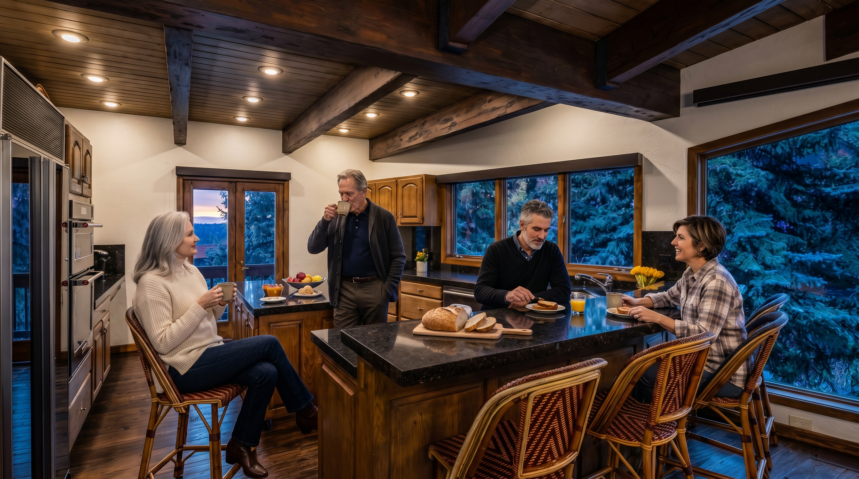 This rustic-inspired kitchen features warm wood cabinetry, dark stone countertops, and a central island with bar seating. The space is defined by exposed wooden ceiling beams and dark wood flooring, creating a cozy, mountain-lodge aesthetic. Large windows provide ample natural light and views of the surrounding forest, while a glass-paneled door offers convenient access to the outdoors.