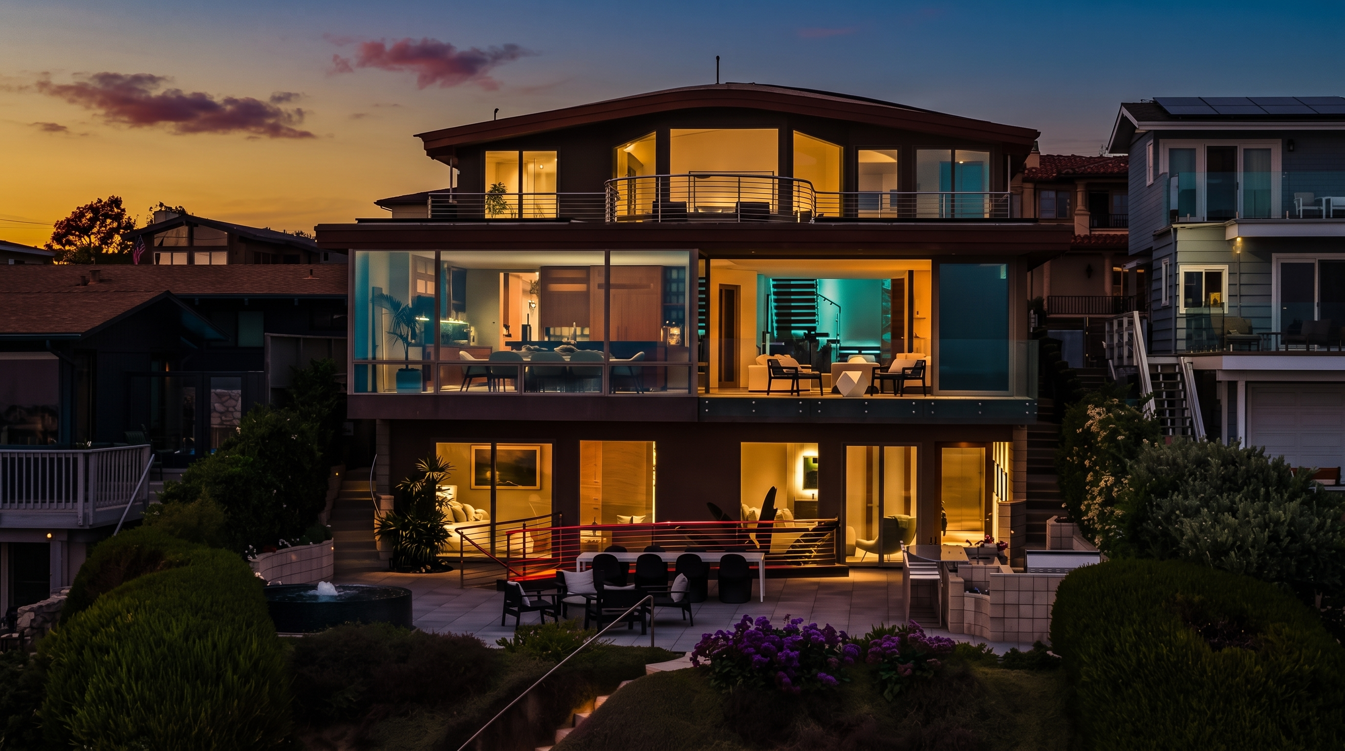 This multi-level contemporary residence features a striking rear facade with extensive glass walls that provide an open, airy connection to the outdoors. The home includes a spacious elevated deck, a lower-level patio area with outdoor dining and a water feature, and a terraced landscape design. The warm sunset lighting highlights the modern architectural lines and the seamless transition between the indoor living spaces and the exterior environment.