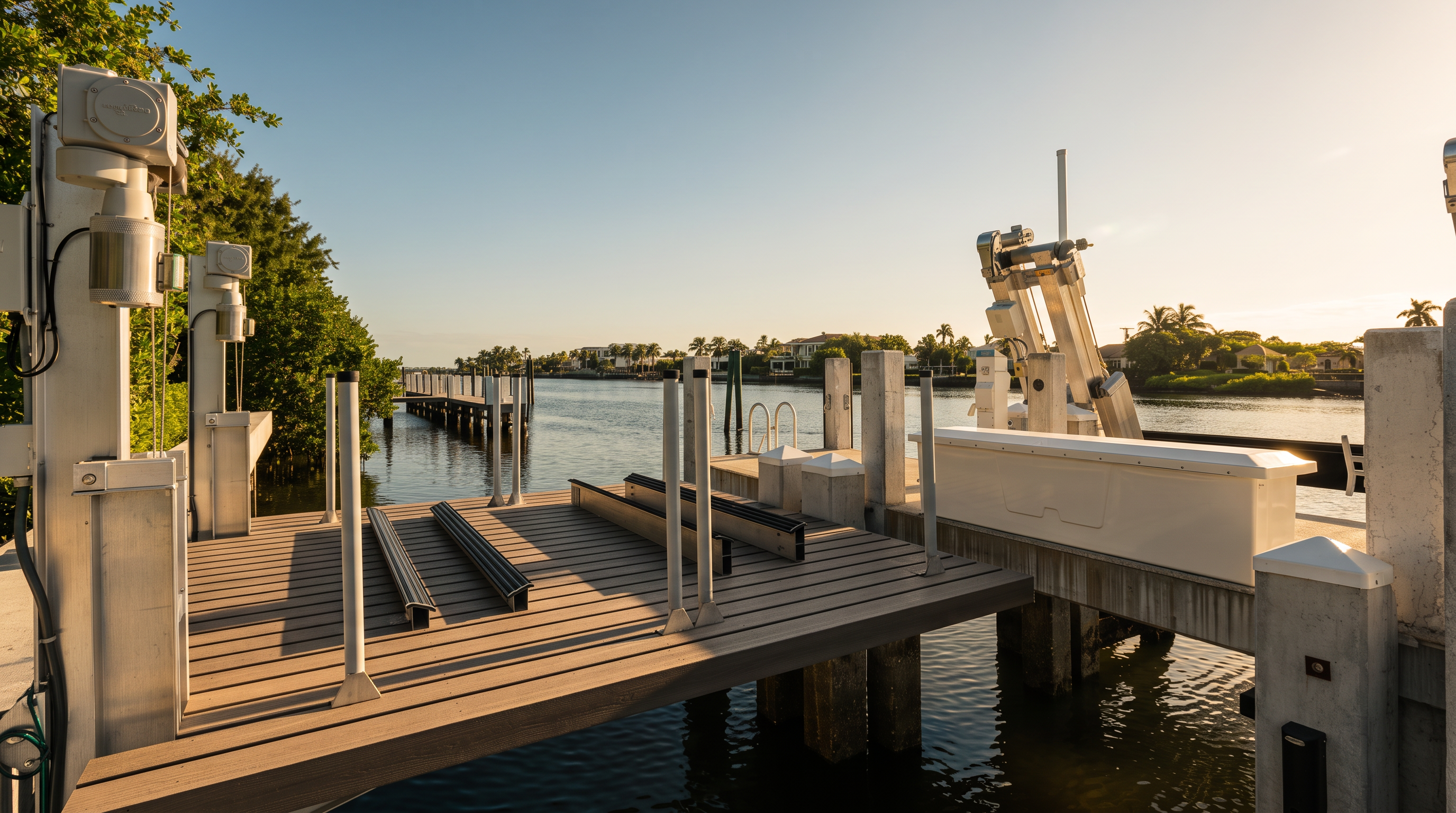 This image captures a private boat dock and lift system extending over a calm canal, offering a direct view of the surrounding waterfront neighborhood. The dock features durable composite decking and metal guide poles, providing a functional and well-maintained space for marine activities. The bright, sunny sky and lush greenery along the canal banks create a serene and inviting atmosphere typical of a coastal residential property.