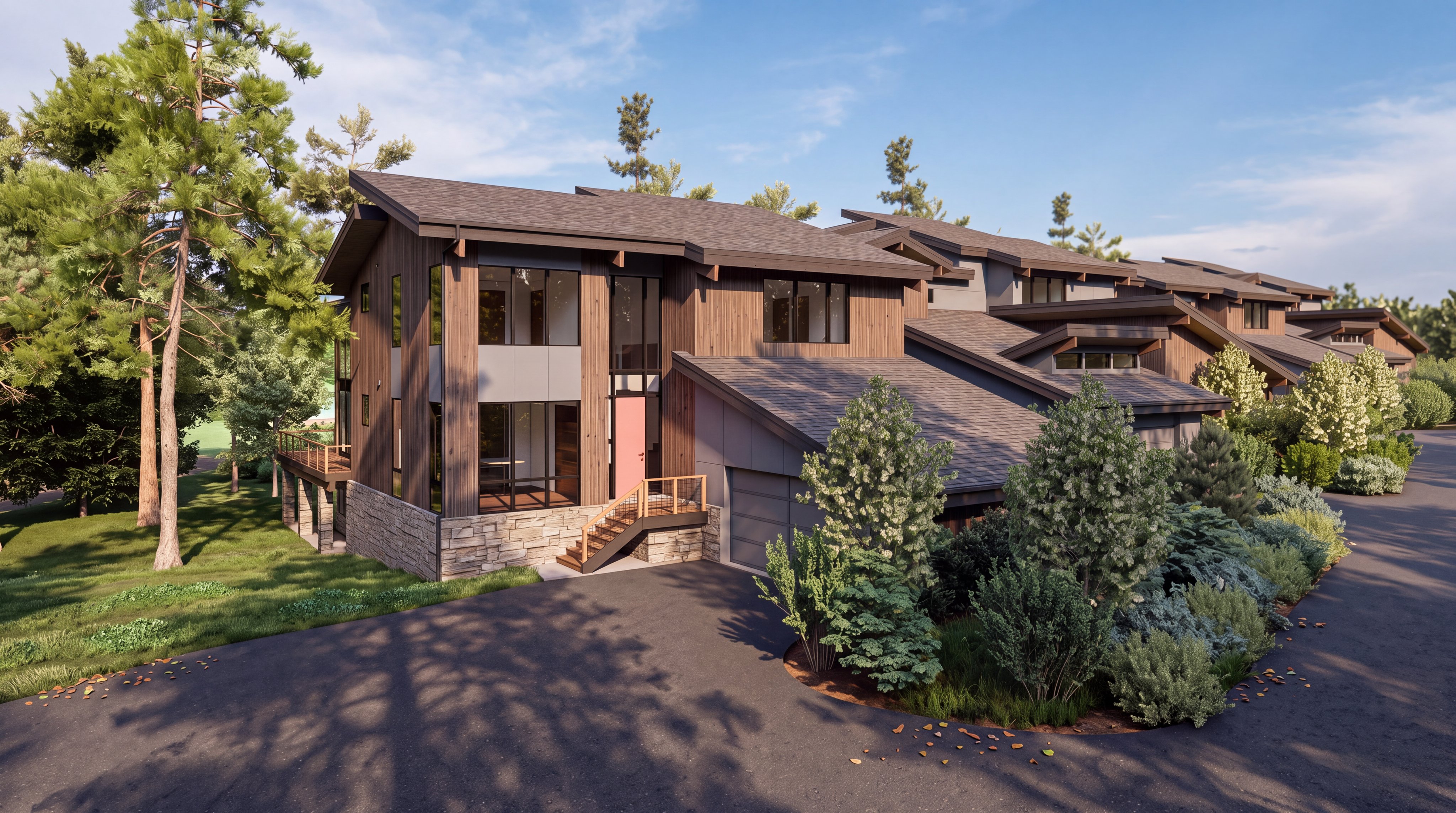 This architectural rendering showcases a modern multi-unit residential building with a contemporary mountain aesthetic. The structure features a mix of dark wood siding, stone masonry at the base, and multiple sloped rooflines, complemented by large windows and a prominent pink front door. The perspective is a high-angle exterior shot, capturing the driveway, lush landscaping, and the surrounding wooded environment.