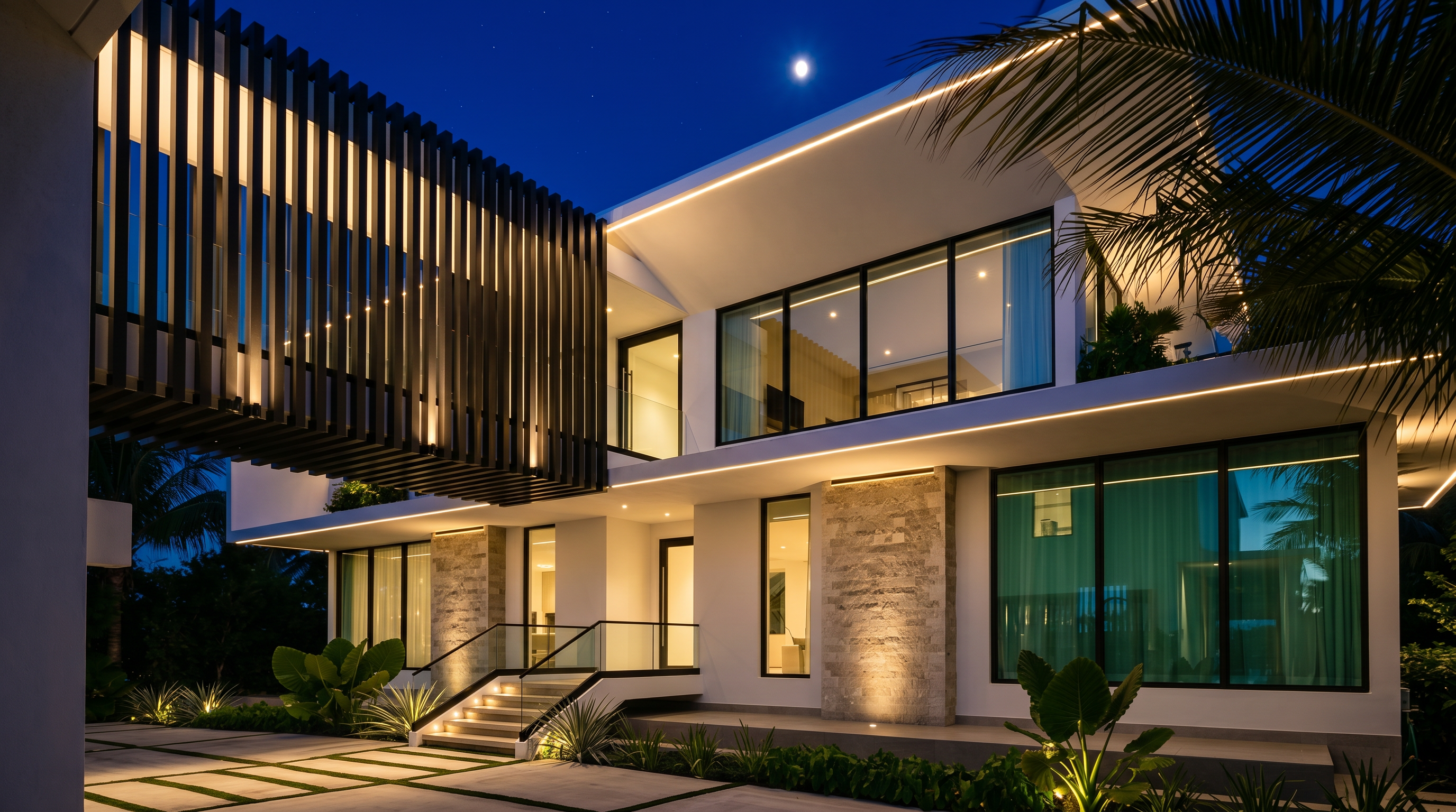 This modern architectural residence features a striking cantilevered upper level adorned with vertical slats, creating a bold geometric aesthetic. The exterior combines crisp white walls with large glass panels and a prominent stone-clad wall section near the entrance. A set of stairs with glass railings leads to the main entryway, surrounded by lush tropical landscaping and palm trees.