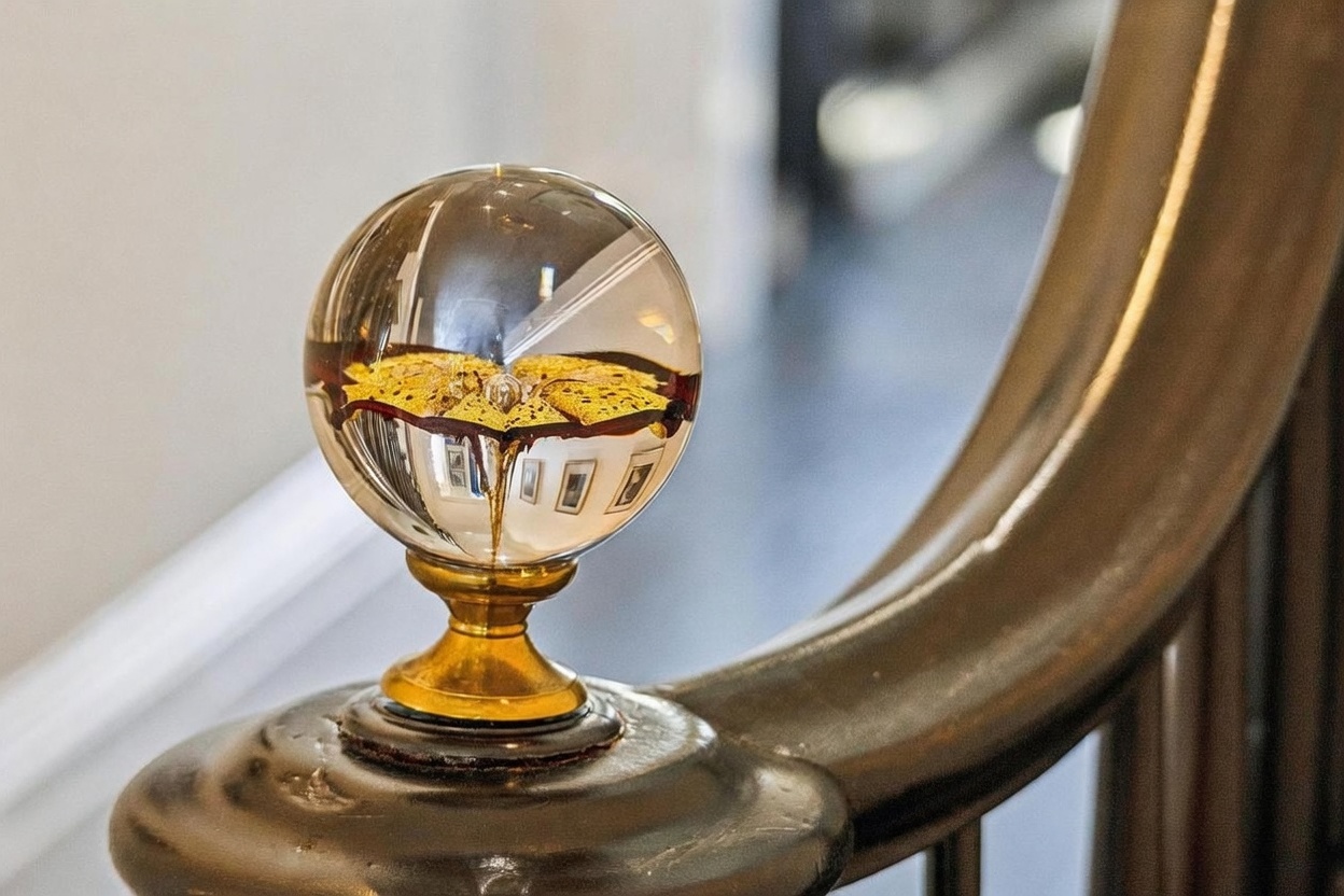 This close-up shot captures an ornate newel post finial featuring a clear glass sphere with an embedded gold-toned floral design. The finial is mounted on a dark, polished wooden handrail that curves gracefully into the background. The perspective is tight and focused, highlighting the craftsmanship of the staircase detail while providing a soft-focus glimpse of the hallway beyond.