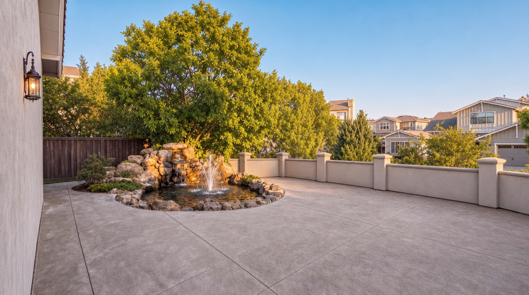This spacious, modern concrete patio features a built-in stone waterfall and pond, serving as a tranquil focal point. The area is enclosed by a clean-lined stucco wall with decorative pillars, providing both privacy and a sophisticated architectural finish. With its well-maintained aesthetic and sunset lighting, this outdoor space offers an inviting setting for relaxation and entertaining.