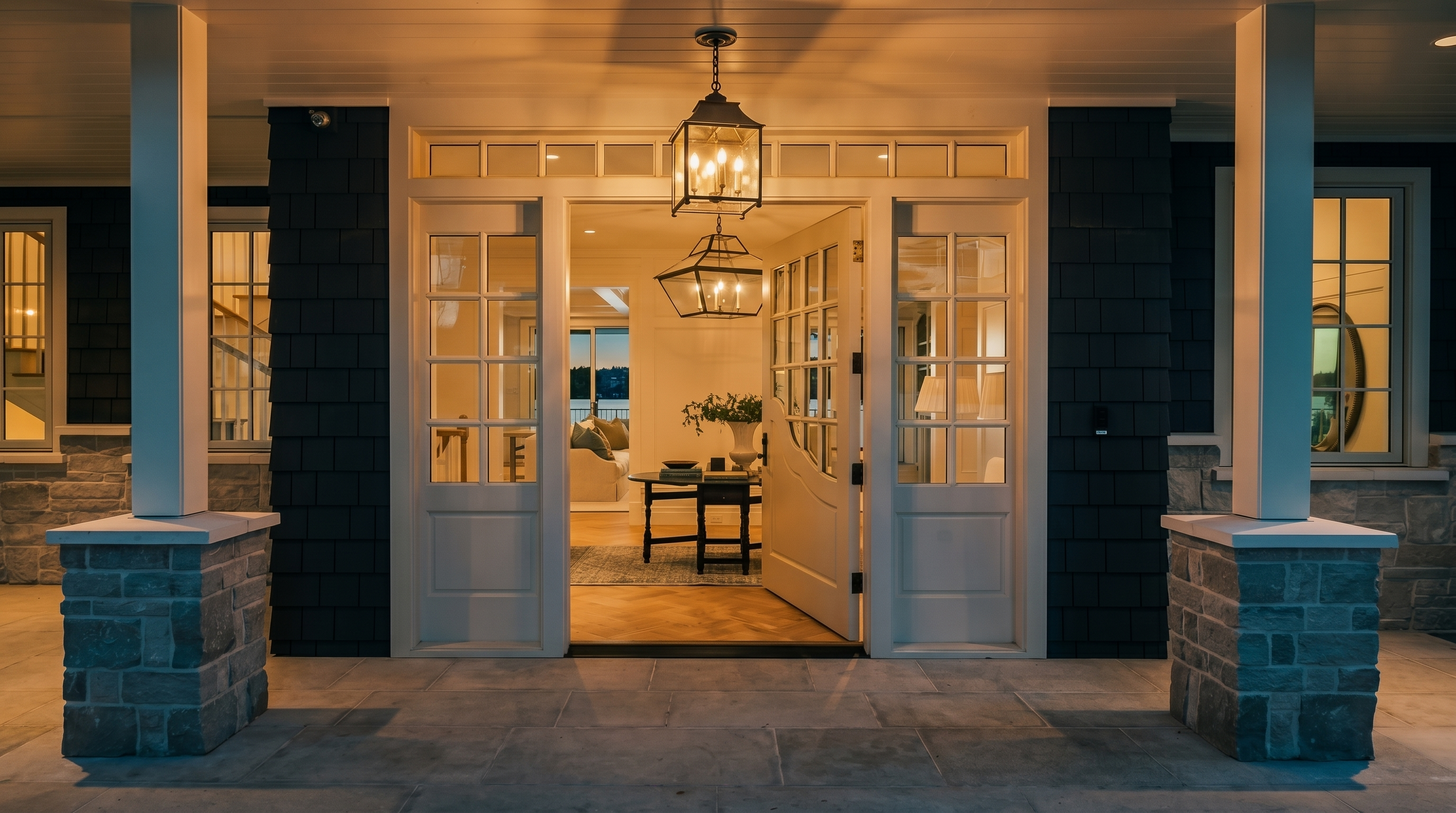 This inviting front entryway features a classic covered porch with stone-based columns and dark shingle siding. The central focus is a grand, multi-paned glass door flanked by matching sidelights, illuminated by two elegant hanging lanterns. Through the open door, a glimpse of a bright, warm interior with a patterned wood floor and a console table creates a welcoming transition from the exterior to the home's living space.