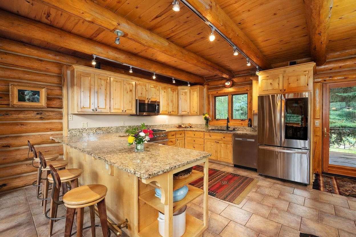 This rustic kitchen features light wood cabinetry, granite countertops, and stainless steel appliances, set against a backdrop of log walls and a beamed ceiling. A central island with bar seating provides a casual dining area, while a patterned rug adds warmth to the tiled floor. The perspective captures the entire workspace, highlighting the cozy, cabin-inspired aesthetic and the connection to the outdoors through a glass-paneled door.