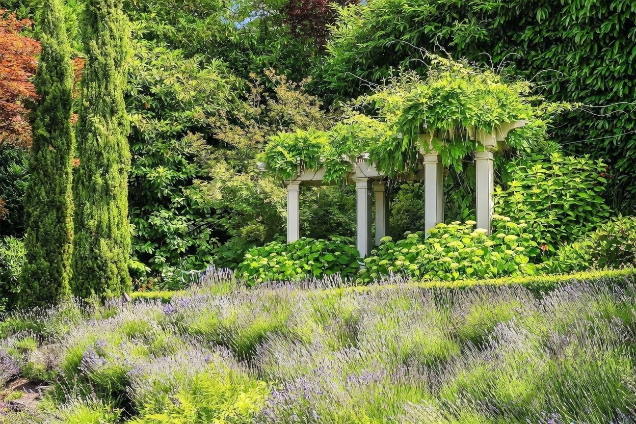This lush, well-manicured garden features a prominent white pergola draped in climbing vines, serving as a focal point amidst dense greenery. In the foreground, a vibrant field of lavender adds texture and color, leading the eye toward the structured garden architecture. The scene is framed by tall, slender evergreen trees on the left and a variety of shrubs and hydrangeas, creating a serene and private outdoor retreat.