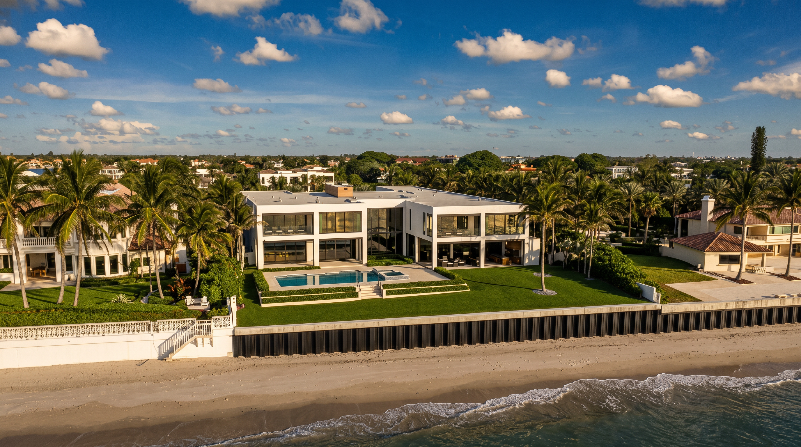 This aerial perspective captures a modern, multi-story luxury residence situated directly on a sandy beach. The home features a clean, minimalist design with extensive glass walls, a private swimming pool, and a manicured lawn that transitions into a seawall. The surrounding landscape includes lush tropical vegetation and neighboring coastal properties under a bright, clear sky.
