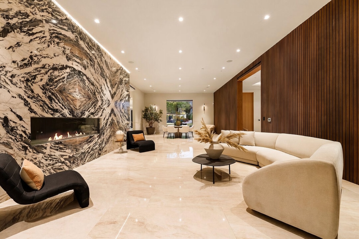 This expansive, open-concept living area features a striking stone-clad chimney breast with a linear fireplace as its primary focal point. The room is furnished with a curved, light-toned sofa and two black accent chairs, all set against a backdrop of polished stone flooring and a wall paneled in dark, vertical wood slats. A dining area is visible in the distance, framed by a large window that provides a view of the outdoor greenery.
