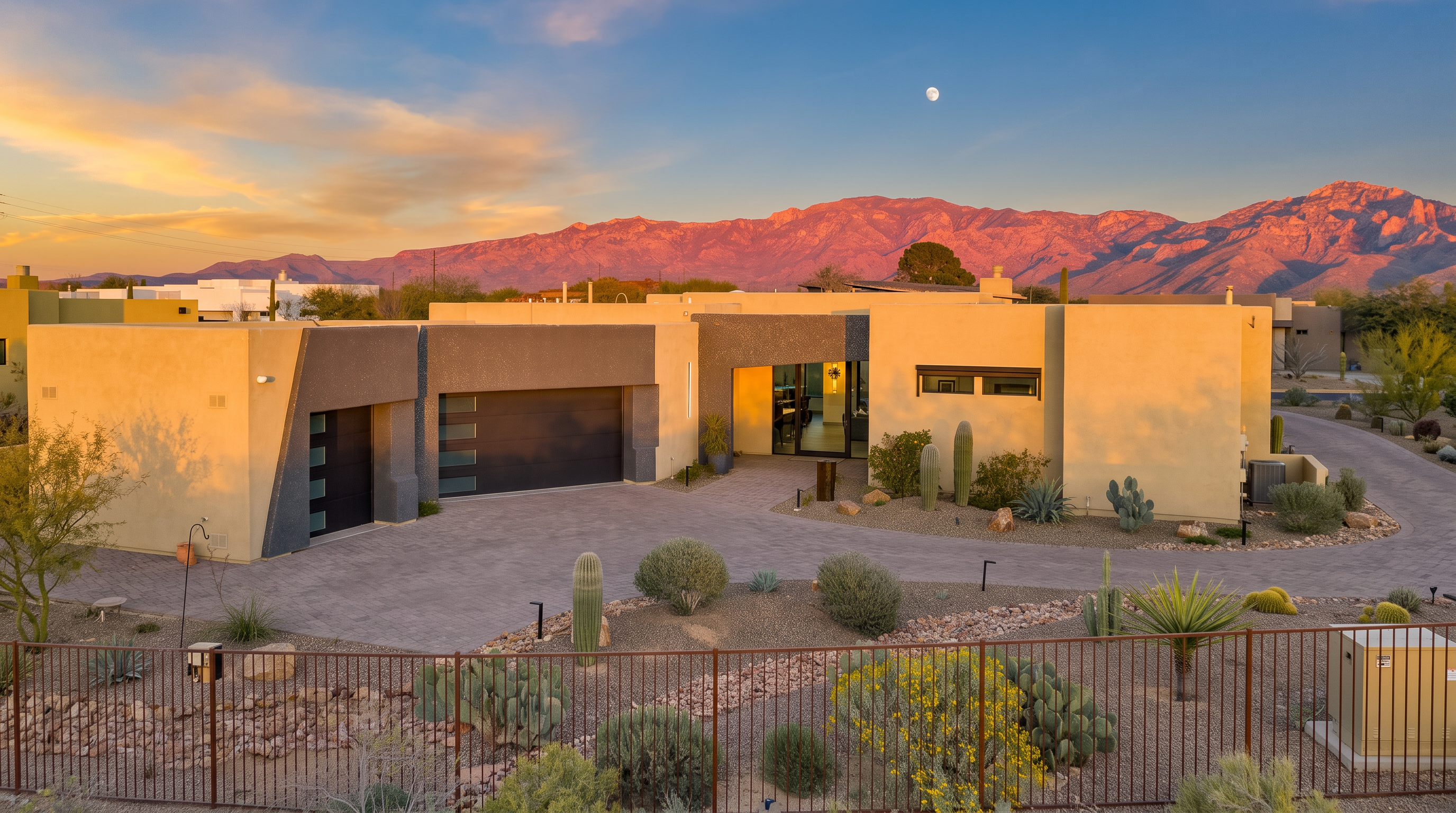 This contemporary desert home features a striking architectural design with a mix of smooth stucco and textured dark gray accents. The front facade includes a multi-car garage with modern glass-paneled doors and a recessed entryway, all set against a dramatic backdrop of rugged mountains at sunset. A paved driveway leads to the home, surrounded by native desert landscaping including saguaro cacti and low-maintenance shrubs.
