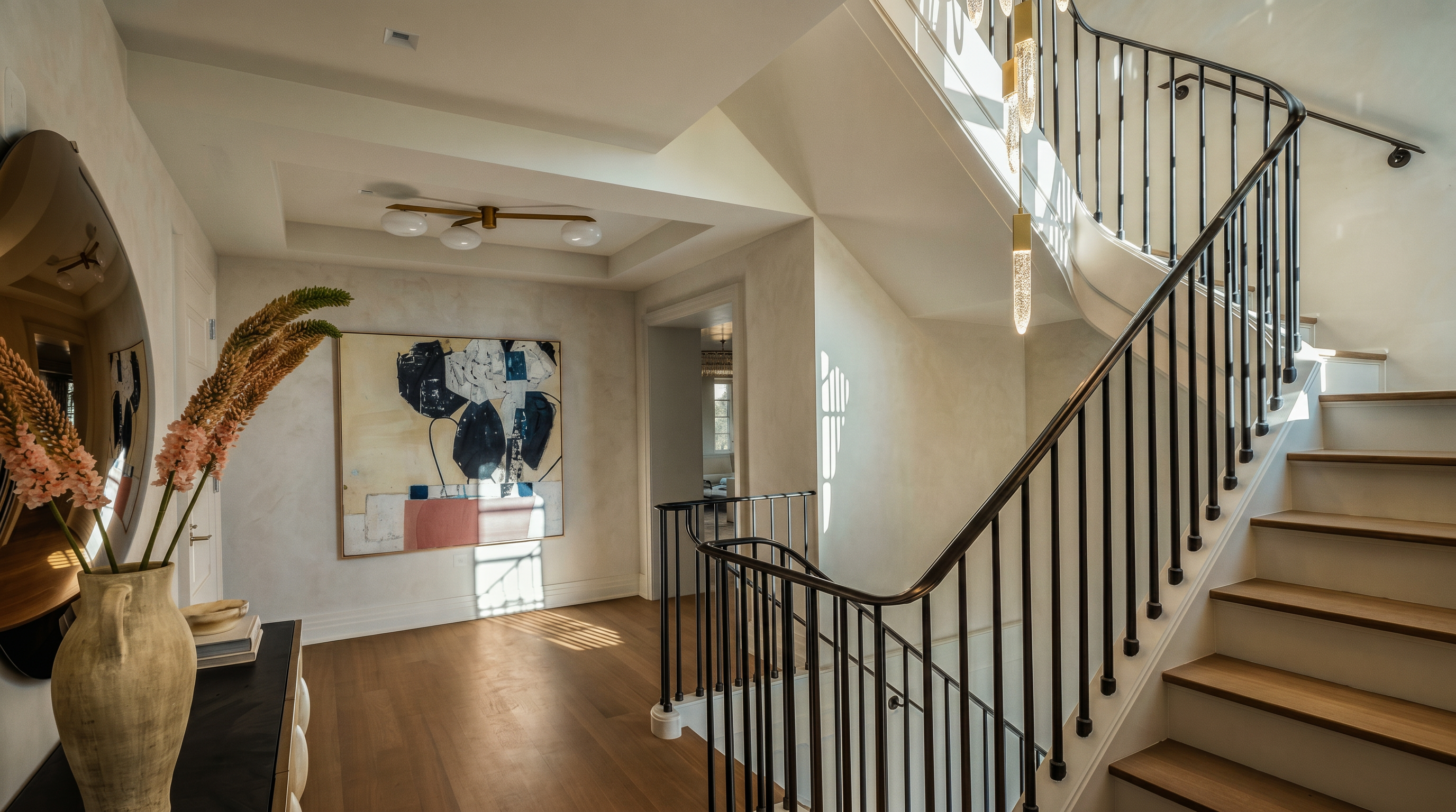This elegant entryway features a grand staircase with a dark metal railing and light wood treads, creating a sophisticated focal point. To the left, a large abstract painting hangs on a neutral wall, complemented by a decorative vase with dried florals on a console table. The space is illuminated by a modern, multi-tiered chandelier that adds a touch of luxury to the bright, airy foyer.