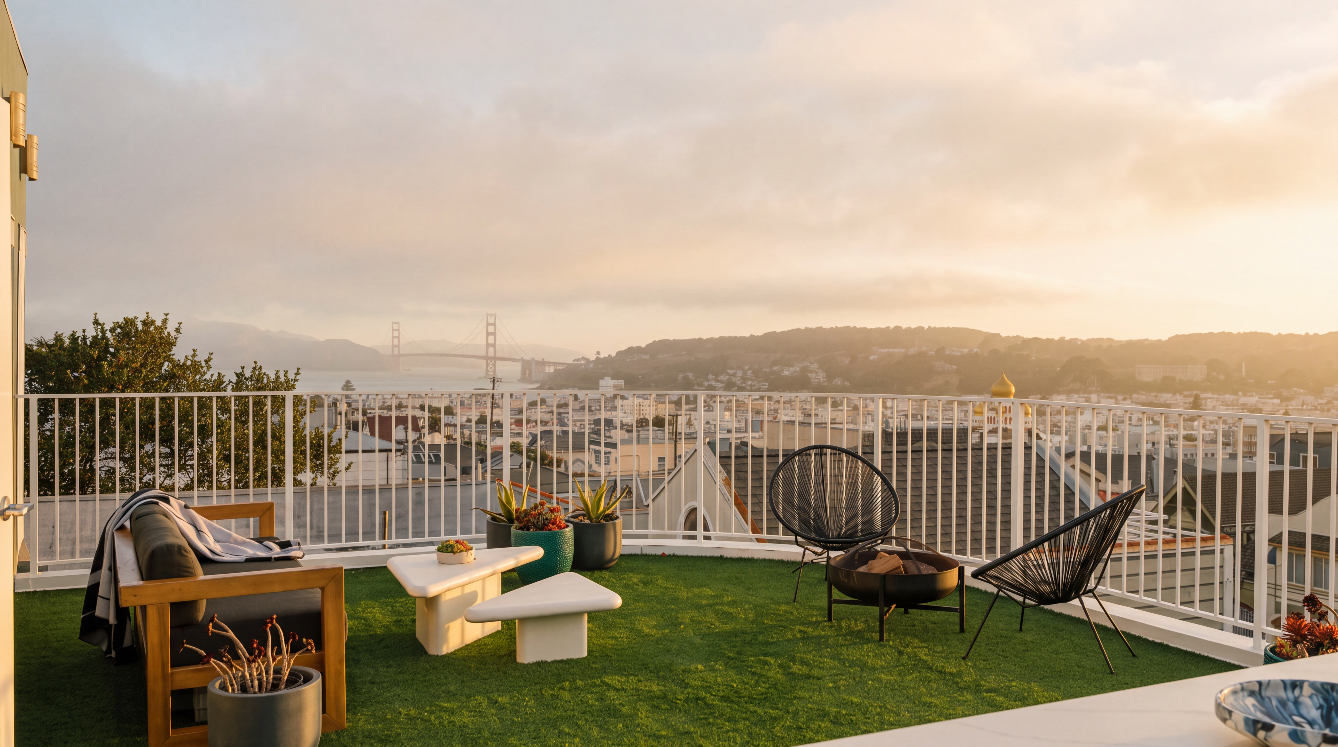 This rooftop deck offers a stunning panoramic view of the San Francisco skyline, including the iconic Golden Gate Bridge. The space is furnished with a modern outdoor sofa, two stylish wire-frame chairs, and a fire pit, all set upon a vibrant green artificial turf surface. The elevated perspective highlights the property's prime location and seamless blend of indoor-outdoor living.