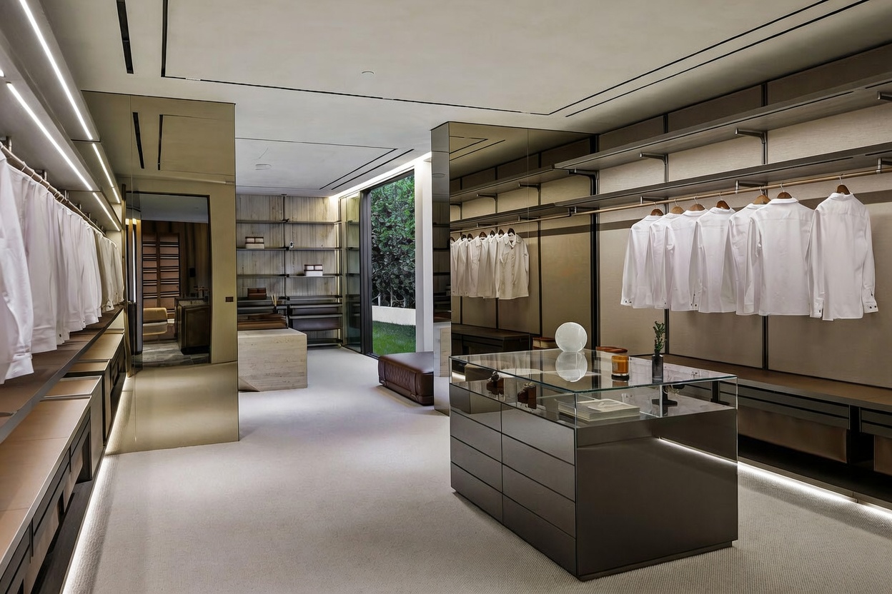 This luxurious, modern walk-in closet features high-end finishes, including mirrored wall panels, custom shelving, and a central glass-topped display island. The space is illuminated by integrated LED lighting, creating a sophisticated and organized atmosphere with a view leading out to a private garden area. The neutral color palette and clean lines emphasize a high-end, minimalist aesthetic.