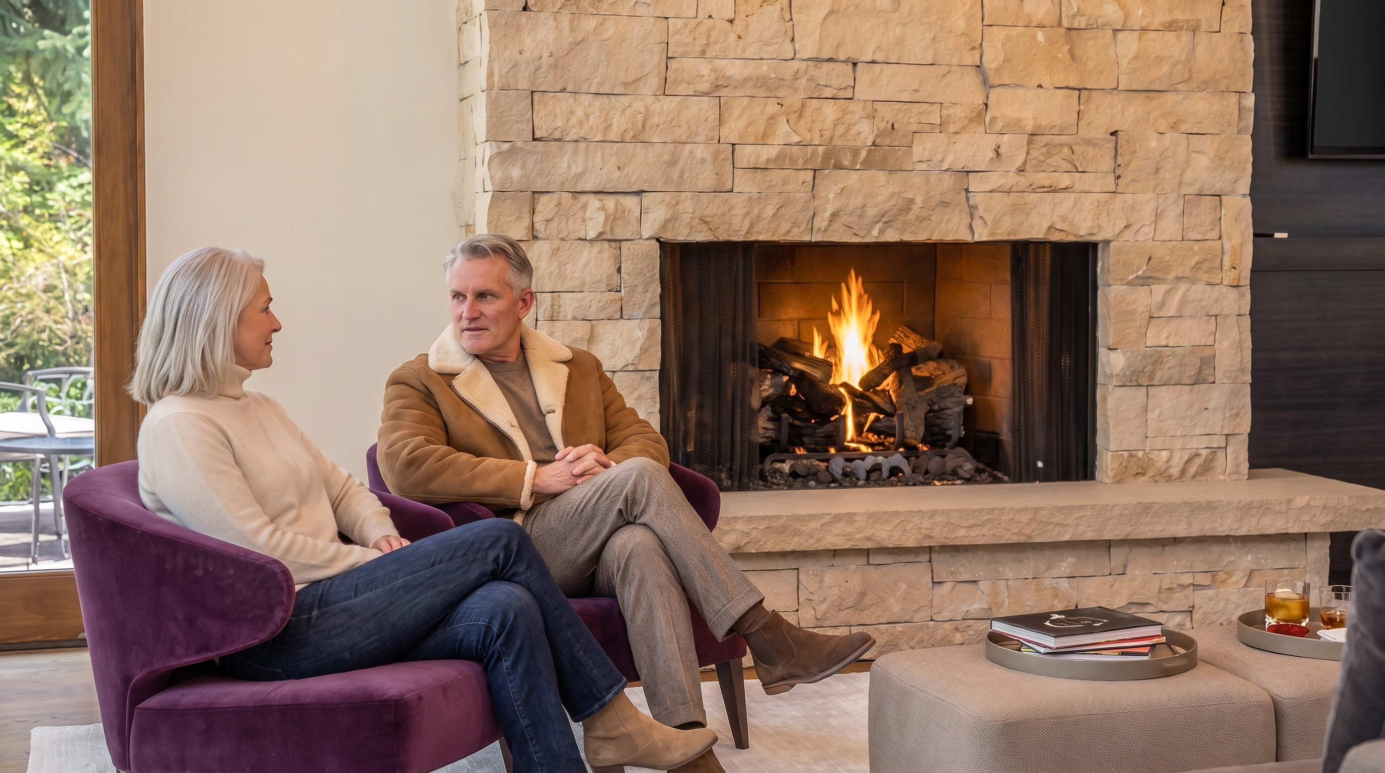 This spacious living room features a prominent stone-clad chimney breast with a built-in fireplace and a warm wood-paneled ceiling accent. The room is furnished with a large sectional sofa, two vibrant purple armchairs, and a central ottoman, all arranged on a light-toned area rug. Large windows provide a view of the outdoor patio and greenery, while a modern circular chandelier serves as a focal point above the seating area.