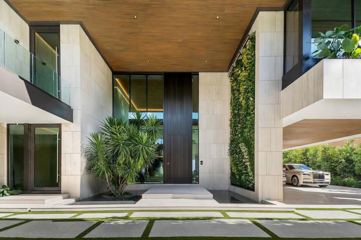 This striking modern entryway features a grand, tall dark wood door framed by expansive glass panels and light-toned stone cladding. A lush vertical garden wall adds a vibrant organic element, while a shallow reflecting pool sits at the base of the entrance, complemented by a large, sculptural plant. The perspective is a wide, symmetrical shot capturing the sophisticated architectural design and the covered driveway area where a luxury vehicle is parked.