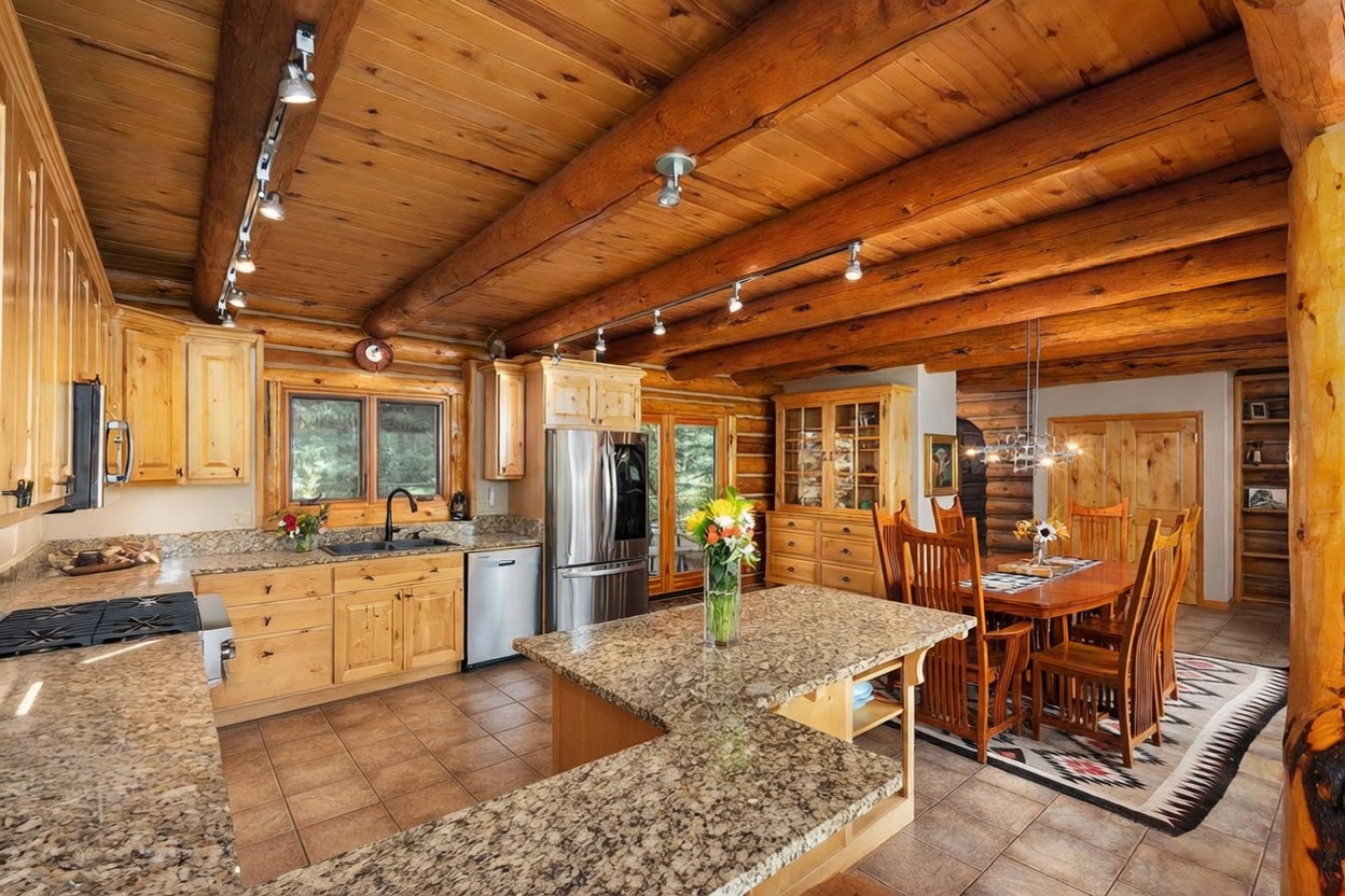 This rustic kitchen features exposed log ceiling beams and light wood cabinetry, creating a warm, cabin-inspired atmosphere. A large granite-topped island serves as a central workspace, complemented by a dining area with a wooden table and chairs set on a patterned rug. The space is well-lit by track lighting and a decorative chandelier, with large windows providing a view of the surrounding greenery.
